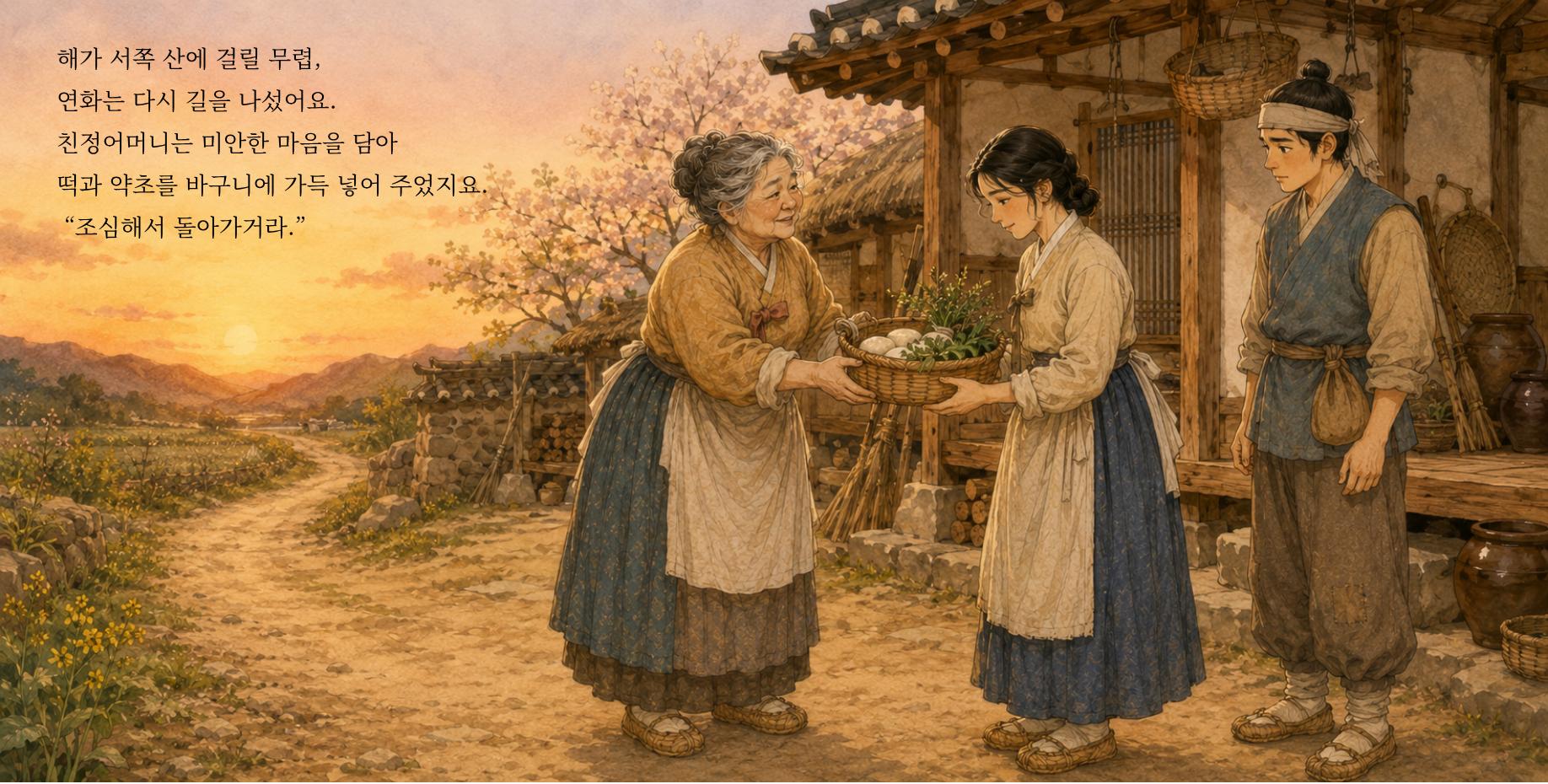 해가 서쪽 산에 걸릴 무렵, 연화는 다시 길을 나섰어요. 친정어머니는 미안한 마음을 담아 떡과 약초를 바구니에 가득 넣어 주었지요. “조심해서 돌아가거라.”