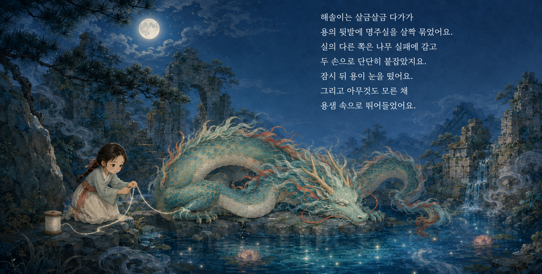 해솔이는 살금살금 다가가 용의 뒷발에 명주실을 살짝 묶었어요. 실의 다른 쪽은 나무 실패에 감고 두 손으로 단단히 붙잡았지요. 잠시 뒤 용이 눈을 떴어요. 그리고 아무것도 모른 채 용샘 속으로 뛰어들었어요.