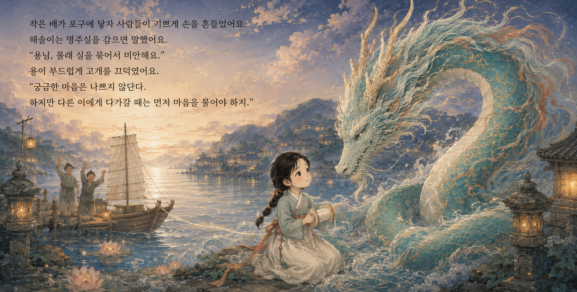 작은 배가 포구에 닿자 사람들이 기쁘게 손을 흔들었어요. 해솔이는 명주실을 감으면 말했어요. “용님, 몰래 실을 묶어서 미안해요.” 용이 부드럽게 고개를 끄덕였어요. “궁금한 마음은 나쁘지 않단다. 하지만 다른 이에게 다가갈 때는 먼저 마음을 물어야 하지.”