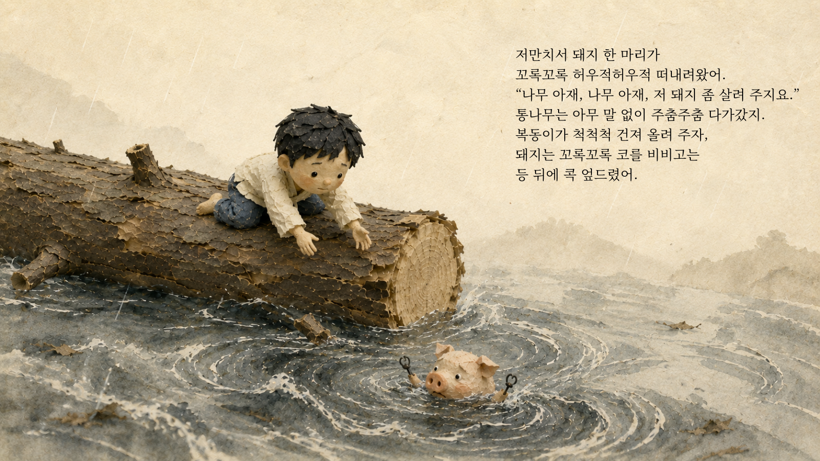 저만치서 돼지 한 마리가 꼬록꼬록 허우적허우적 떠내려왔어. "나무 아재, 나무 아재, 저 돼지 좀 살려 주지요." 통나무는 아무 말 없이 주춤주춤 다가갔지. 복동이가 척척척 건져 올려 주자, 돼지는 꼬록꼬록 코를 비비고는 등 뒤에 콕 엎드렸어.