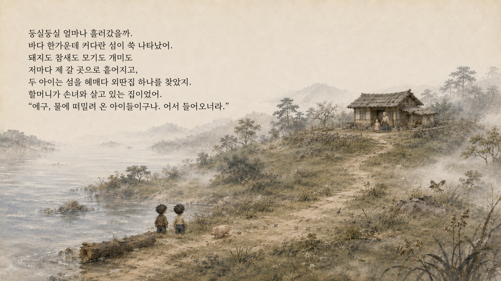 둥실둥실 얼마나 흘러갔을까. 바다 한가운데 커다란 섬이 쑥 나타났어. 돼지도 참새도 모기도 개미도 저마다 제 갈 곳으로 흩어지고, 두 아이는 섬을 헤매다 외딴집 하나를 찾았지. 할머니가 손녀와 살고 있는 집이었어. "에구, 물에 떠밀려 온 아이들이구나. 어서 들어오너라."
