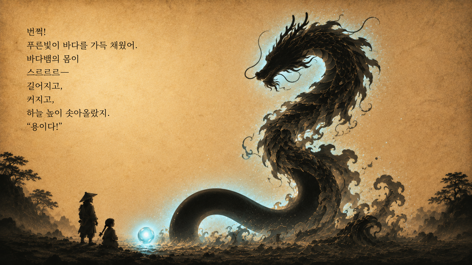 번쩍! 푸른빛이 바다를 가득 채웠어. 바다뱀의 몸이 스르르르— 길어지고, 커지고, 하늘 높이 솟아올랐지. “용이다!”