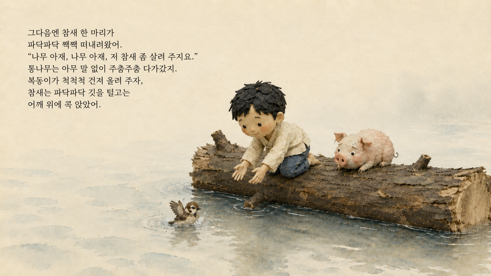 그다음엔 참새 한 마리가 파닥파닥 짹짹 떠내려왔어. "나무 아재, 나무 아재, 저 참새 좀 살려 주지요." 통나무는 아무 말 없이 주춤주춤 다가갔지. 복동이가 척척척 건져 올려 주자, 참새는 파닥파닥 깃을 털고는 어깨 위에 콕 앉았어.