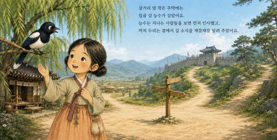 삼거리 옆 작은 주막에는 일곱 살 능수가 살았어요. 능수는 지나는 사람들을 보면 먼저 인사했고, 까치 두리는 곁에서 길 소식을 재잘재잘 알려 주었어요.