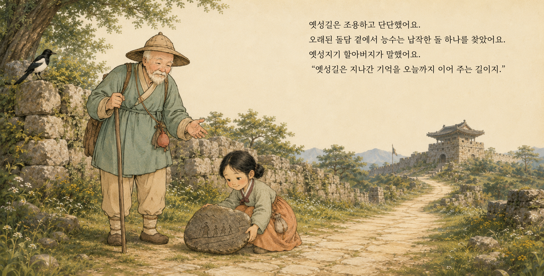 옛성길은 조용하고 단단했어요. 오래된 돌담 곁에서 능수는 납작한 돌 하나를 찾았어요. 옛성지기 할아버지가 말했어요. “옛성길은 지나간 기억을 오늘까지 이어 주는 길이지.”