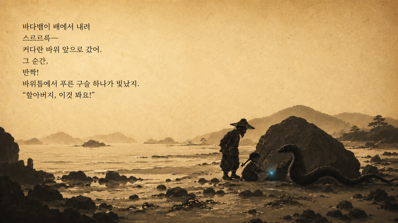 바다뱀이 배에서 내려 스르르륵— 커다란 바위 앞으로 갔어. 그 순간, 반짝! 바위틈에서 푸른 구슬 하나가 빛났지. “할아버지, 이것 봐요!”