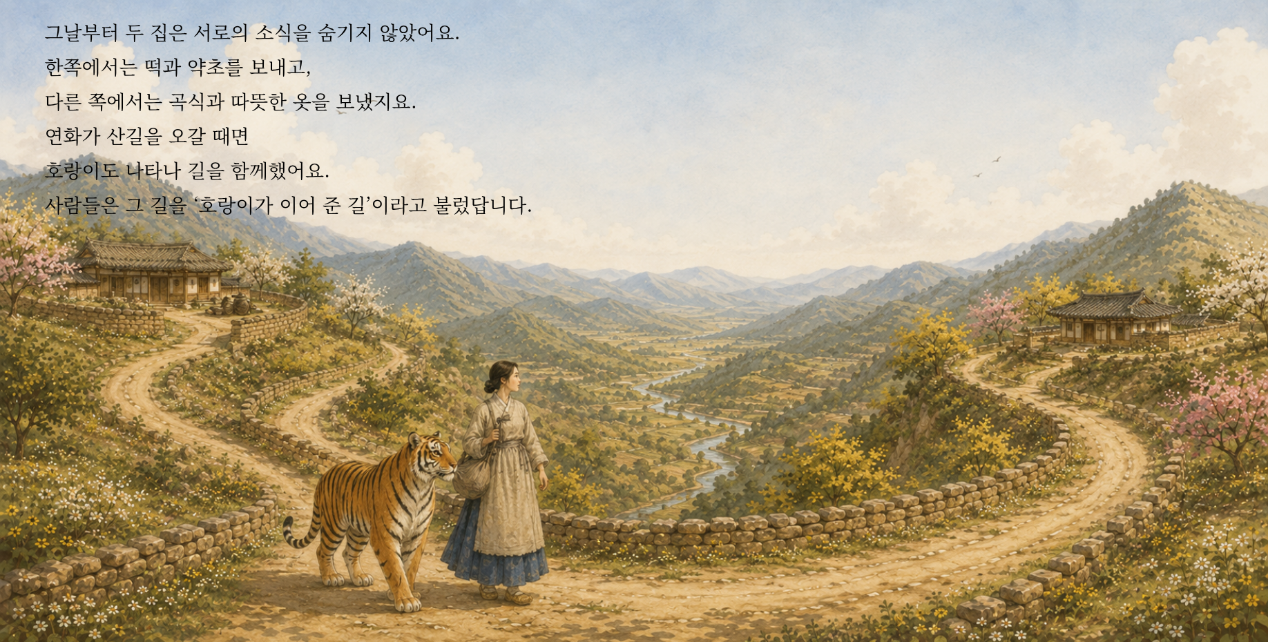그날부터 두 집은 서로의 소식을 숨기지 않았어요. 한쪽에서는 떡과 약초를 보내고, 다른 쪽에서는 곡식과 따뜻한 옷을 보냈지요. 연화가 산길을 오갈 때면 호랑이도 나타나 길을 함께했어요. 사람들은 그 길을 ‘호랑이가 이어 준 길’이라고 불렀답니다.