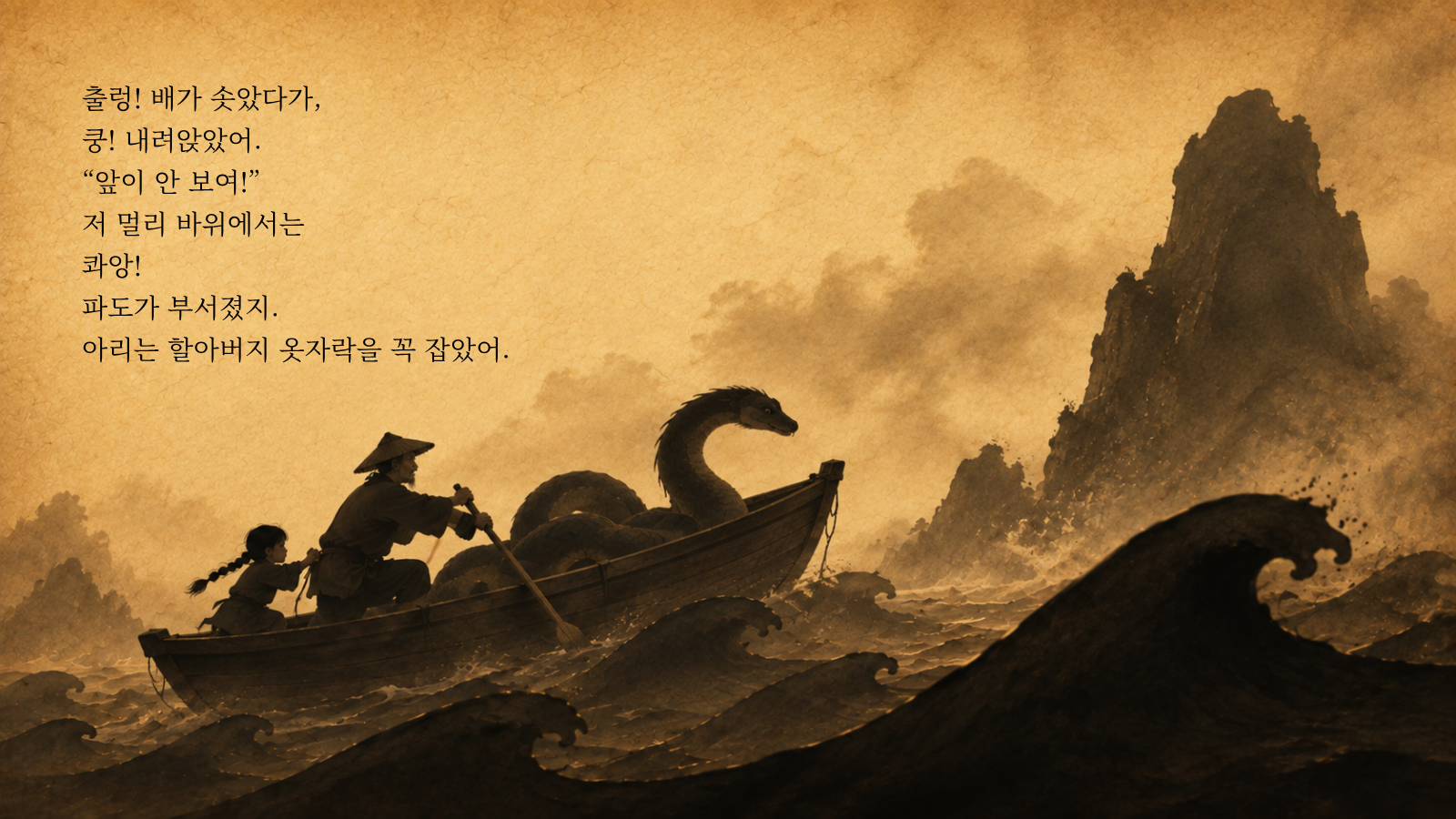 출렁! 배가 솟았다가, 쿵! 내려앉았어. “앞이 안 보여!” 저 멀리 바위에서는 콰앙! 파도가 부서졌지. 아리는 할아버지 옷자락을 꼭 잡았어.