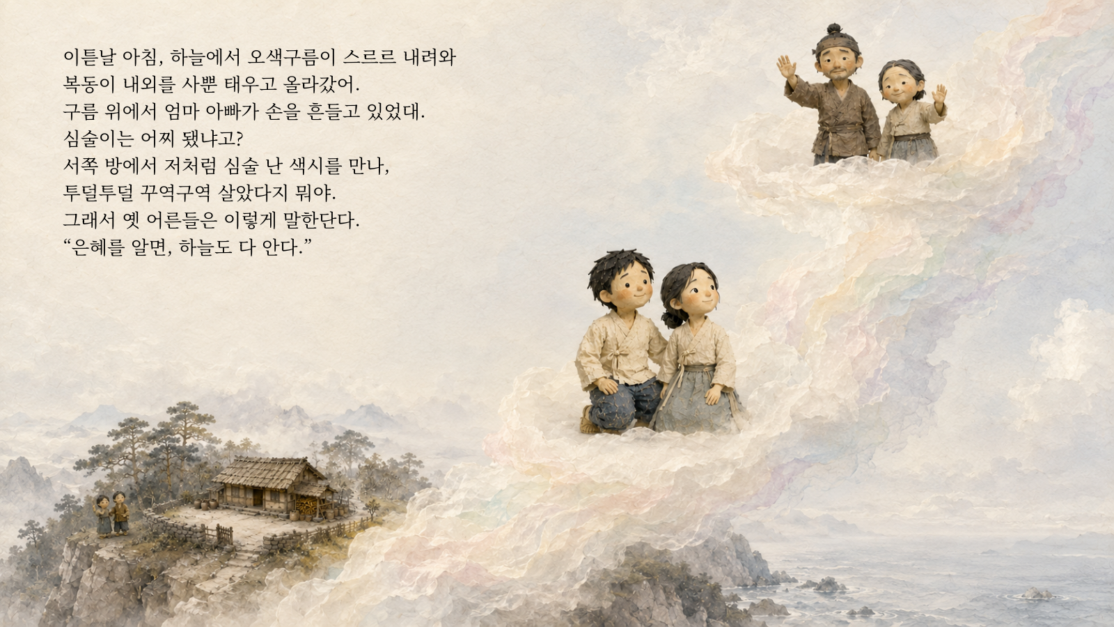 정순 이튿날 아침, 하늘에서 오색구름이 스르르 내려와 복동이 내외를 사뿐 태우고 올라갔어. 구름 위에서 엄마 아빠가 손을 흔들고 있었대. 심술이는 어찌 됐냐고? 서쪽 방에서 저처럼 심술 난 색시를 만나, 투덜투덜 꾸역꾸역 살았다지 뭐야. 그래서 옛 어른들은 이렇게 말한단다. "은혜를 알면, 하늘도 다 안다."