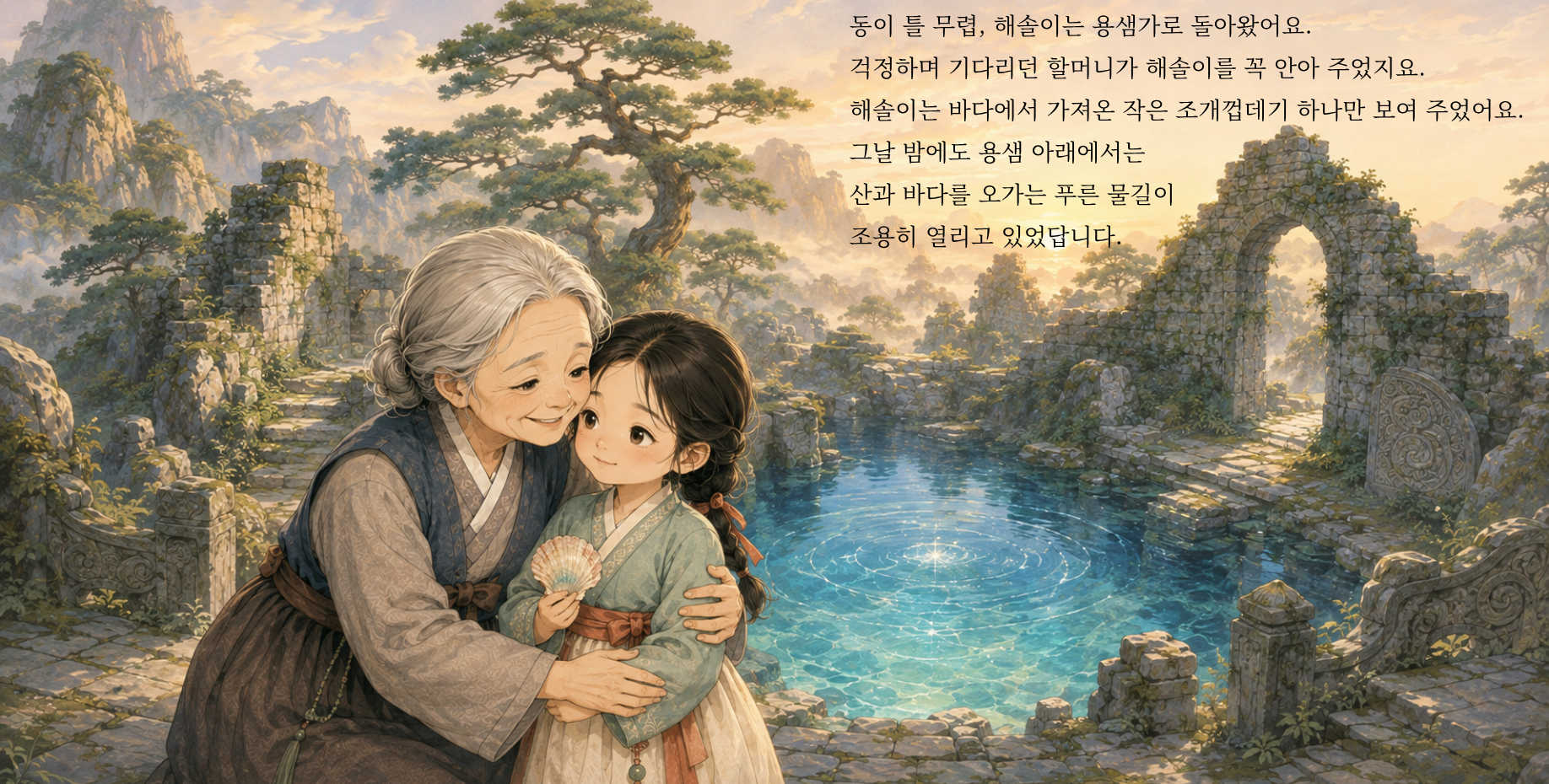 동이 틀 무렵, 해솔이는 용샘가로 돌아왔어요. 걱정하며 기다리던 할머니가 해솔이를 꼭 안아 주었지요. 해솔이는 바다에서 가져온 작은 조개껍데기 하나만 보여 주었어요. 그날 밤에도 용샘 아래에서는 산과 바다를 오가는 푸른 물길이 조용히 열리고 있었답니다.