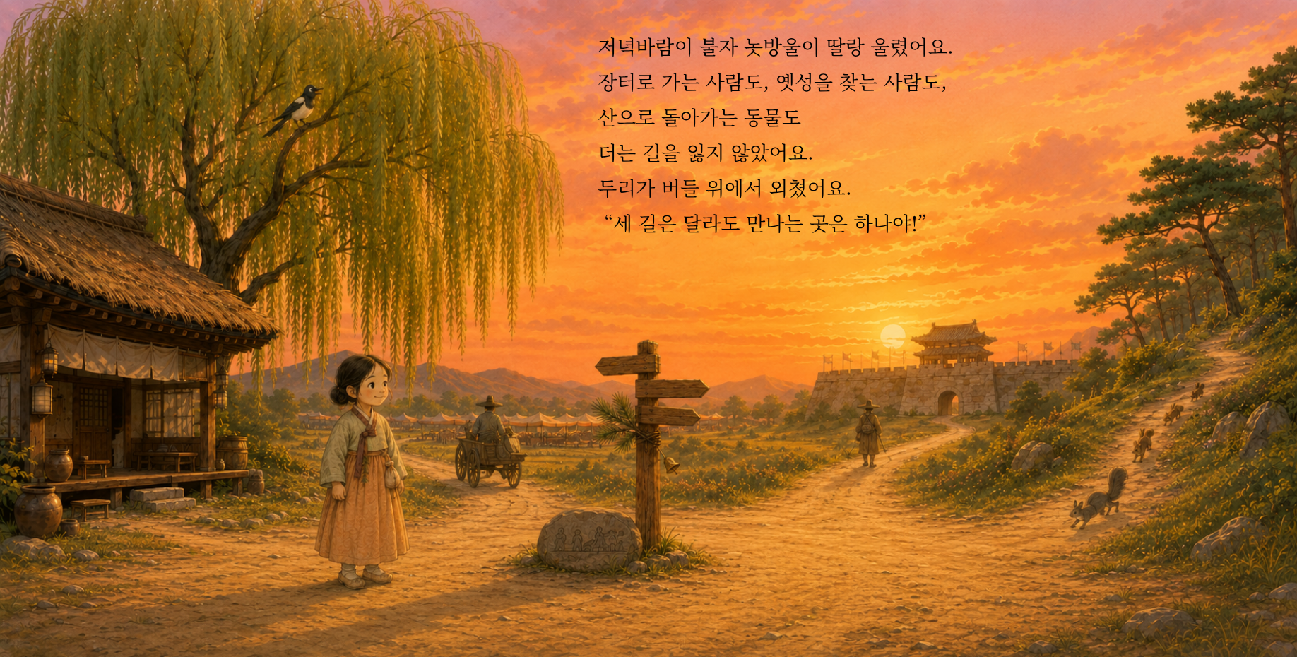 저녁바람이 불자 놋방울이 딸랑 울렸어요. 장터로 가는 사람도, 옛성을 찾는 사람도, 산으로 돌아가는 동물도 더는 길을 잃지 않았어요. 두리가 버들 위에서 외쳤어요. “세 길은 달라도 만나는 곳은 하나야!”