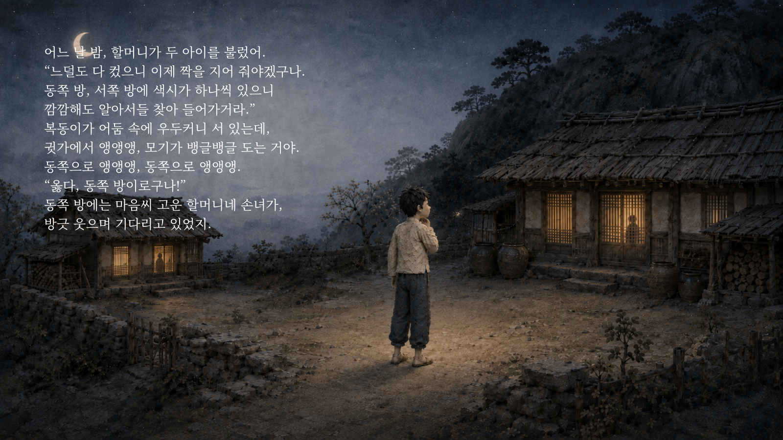 어느 날 밤, 할머니가 두 아이를 불렀어. "느덜도 다 컸으니 이제 짝을 지어 줘야겠구나. 동쪽 방, 서쪽 방에 색시가 하나씩 있으니 깜깜해도 알아서들 찾아 들어가거라." 복동이가 어둠 속에 우두커니 서 있는데, 귓가에서 앵앵앵, 모기가 뱅글뱅글 도는 거야. "동쪽으로 앵앵앵, 동쪽으로 앵앵앵." "옳다, 동쪽 방이로구나!" 동쪽 방에는 마음씨 고운 할머니네 손녀가, 방긋 웃으며 기다리고 있었지.