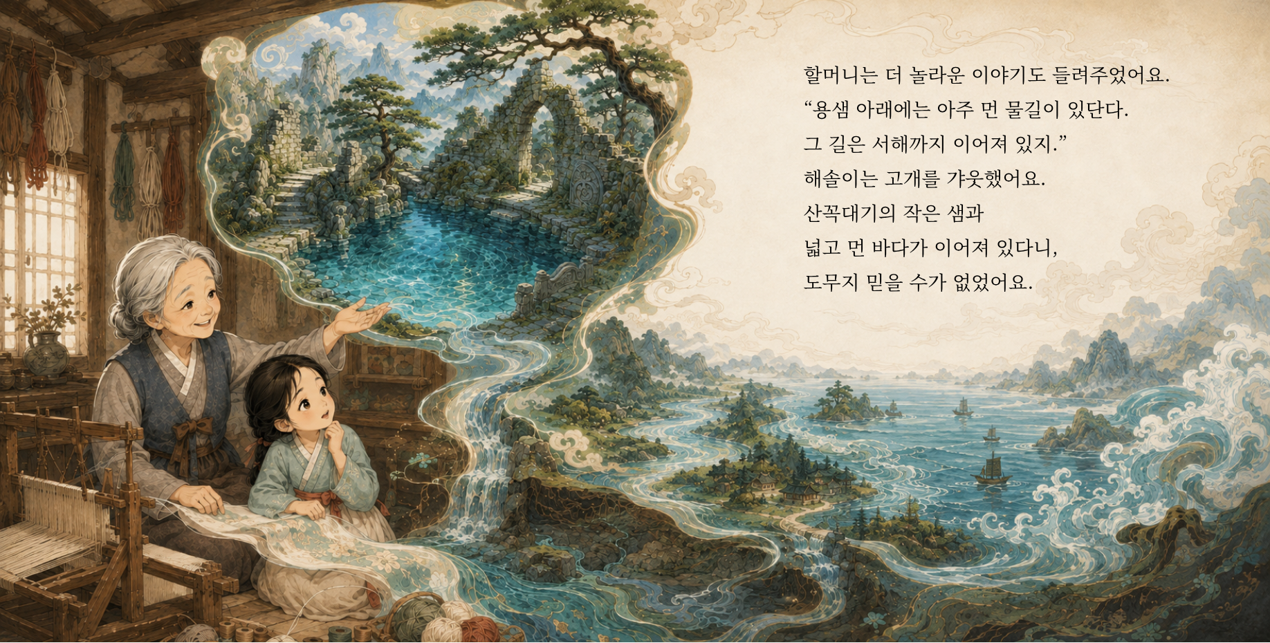 할머니는 더 놀라운 이야기도 들려주었어요. “용샘 아래에는 아주 먼 물길이 있단다. 그 길은 서해까지 이어져 있지.” 해솔이는 고개를 갸웃했어요. 산꼭대기의 작은 샘과 넓고 먼 바다가 이어져 있다니, 도무지 믿을 수가 없었어요.