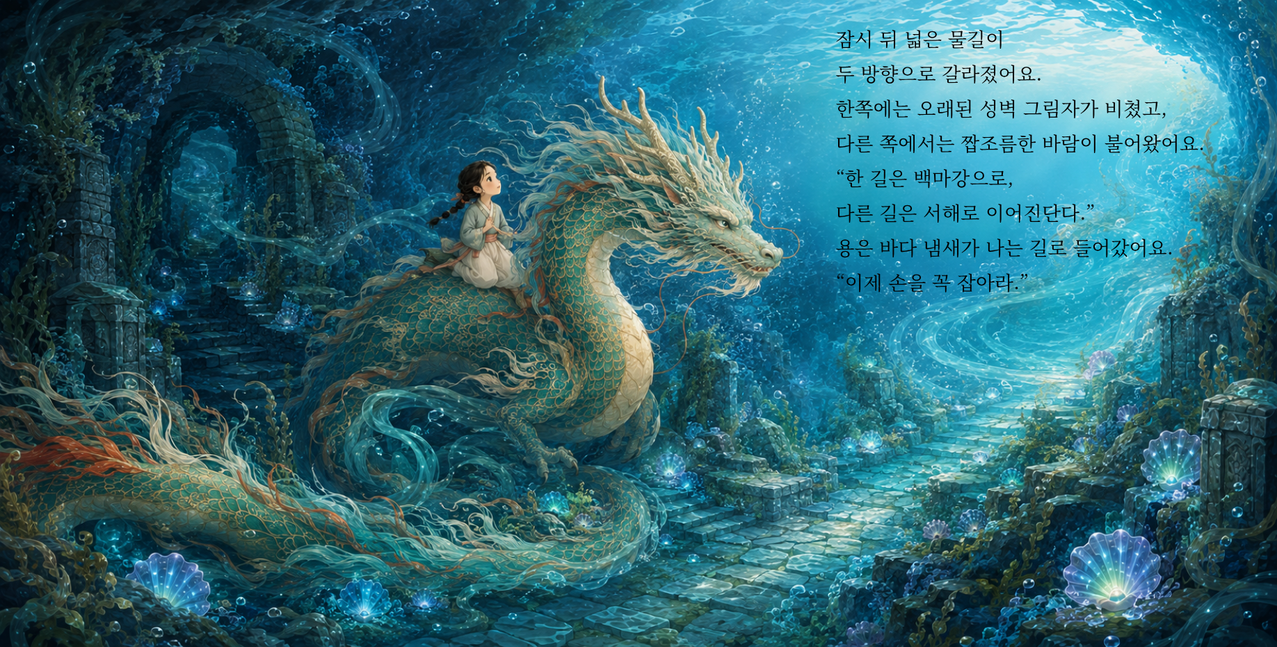 잠시 뒤 넓은 물길이 두 방향으로 갈라졌어요. 한쪽에는 오래된 성벽 그림자가 비쳤고, 다른 쪽에서는 짭조름한 바람이 불어왔어요. “한 길은 백마강으로, 다른 길은 서해로 이어진단다.” 용은 바다 냄새가 나는 길로 들어갔어요. “이제 손을 꼭 잡아라.”