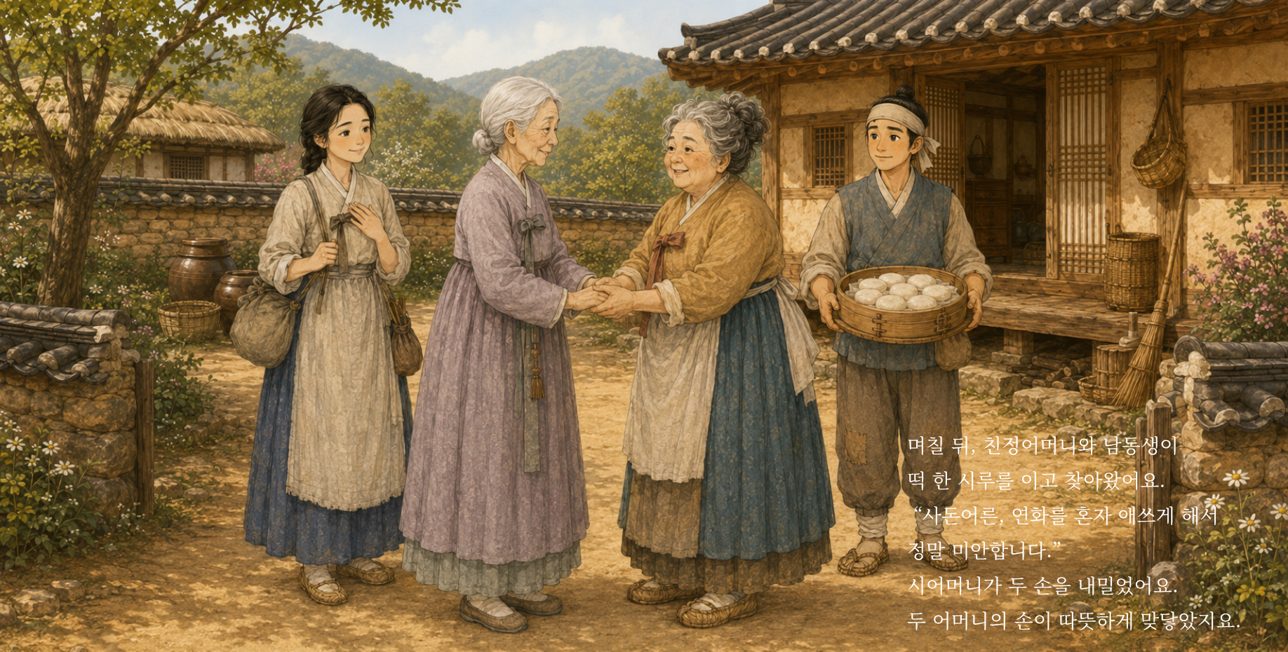 며칠 뒤, 친정어머니와 남동생이 떡 한 시루를 이고 찾아왔어요. “사돈어른, 연화를 혼자 애쓰게 해서 정말 미안합니다.” 시어머니가 두 손을 내밀었어요. 두 어머니의 손이 따뜻하게 맞닿았지요.