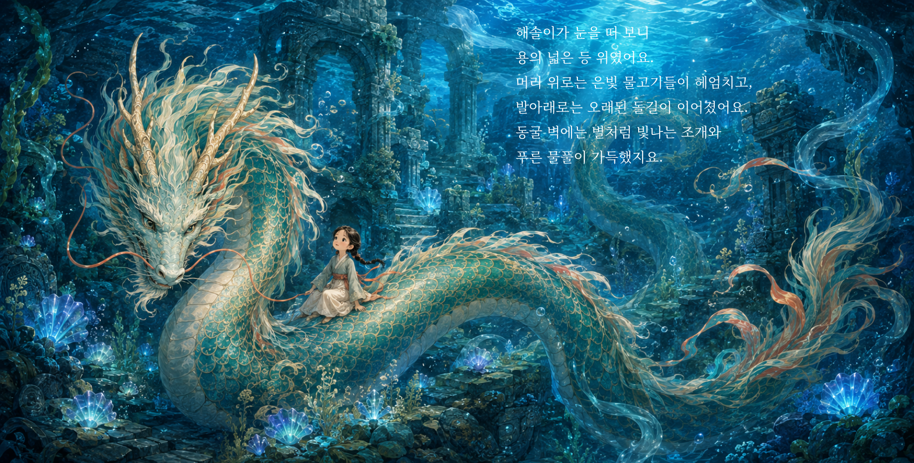 해솔이가 눈을 떠 보니 용의 넓은 등 위였어요. 머리 위로는 은빛 물고기들이 헤엄치고, 발아래로는 오래된 돌길이 이어졌어요. 동굴 벽에는 별처럼 빛나는 조개와 푸른 물풀이 가득했지요.