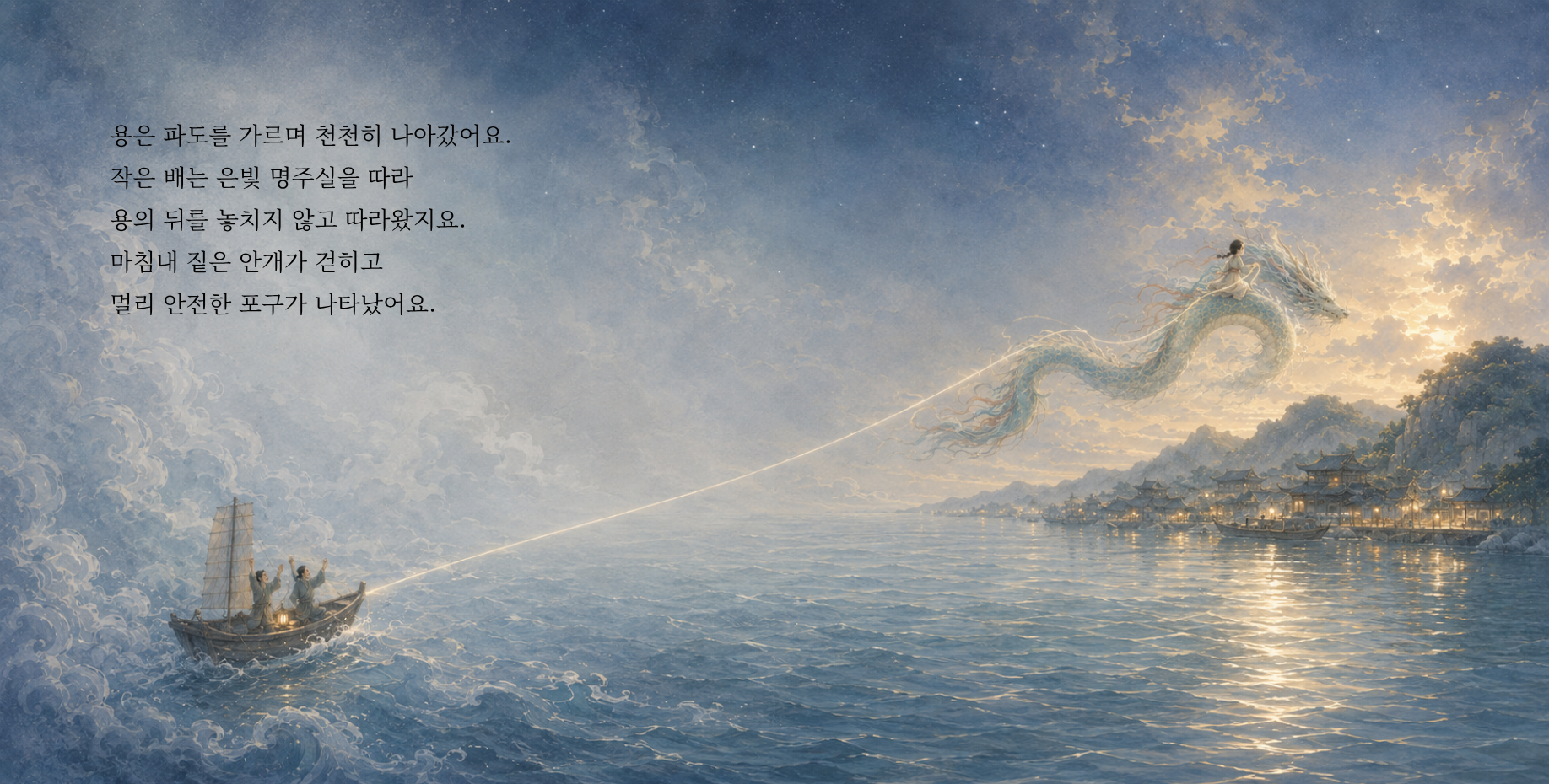 용은 파도를 가르며 천천히 나아갔어요. 작은 배는 은빛 명주실을 따라 용의 뒤를 놓치지 않고 따라왔지요. 마침내 짙은 안개가 걷히고 멀리 안전한 포구가 나타났어요.