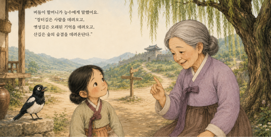 버들이 할머니는 능수에게 말했어요. “장터길은 사람을 데려오고, 옛성길은 오래된 기억을 데려오고, 산길은 숲의 숨결을 데려온단다.”