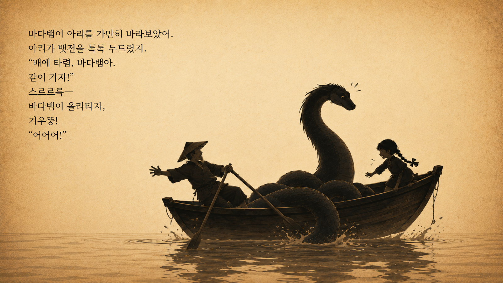 바다뱀이 아리를 가만히 바라보았어. 아리가 뱃전을 톡톡 두드렸지. “배에 타렴, 바다뱀아. 같이 가자!” 스르르륵— 바다뱀이 올라타자, 기우뚱! “어어어!”