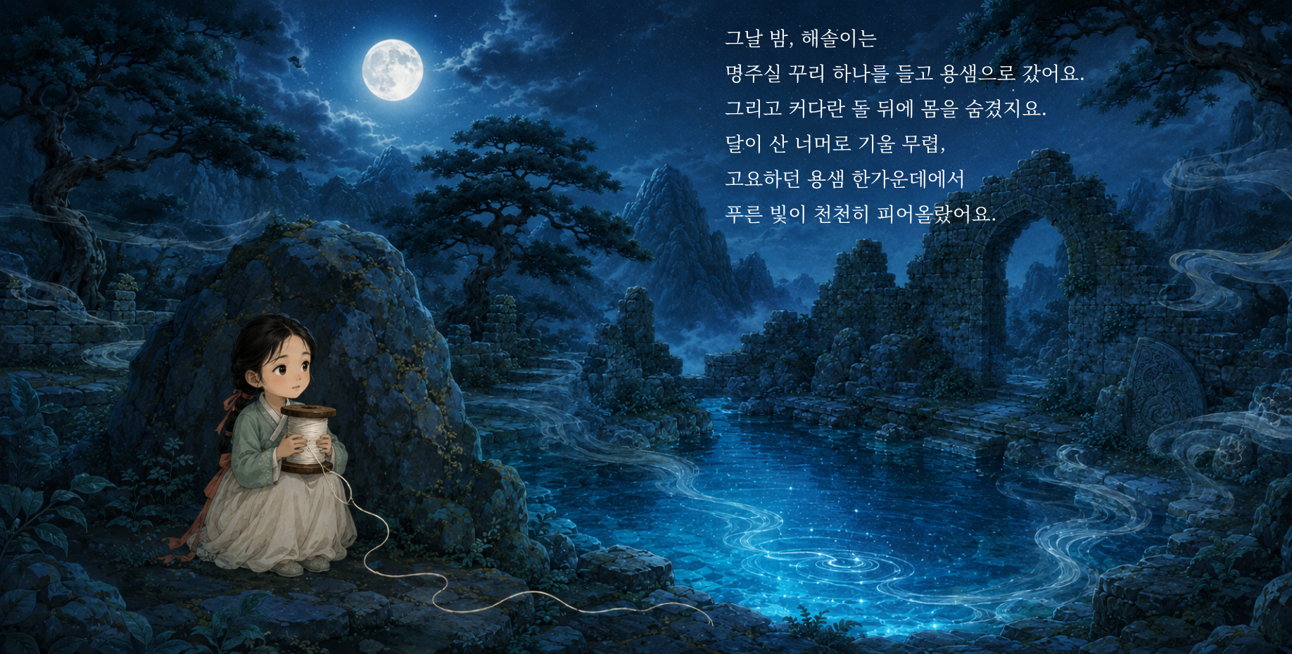 그날 밤, 해솔이는 명주실 꾸리 하나를 들고 용샘으로 갔어요. 그리고 커다란 돌 뒤에 몸을 숨겼지요. 달이 산 너머로 기울 무렵, 고요하던 용샘 한가운데에서 푸른 빛이 천천히 피어올랐어요.