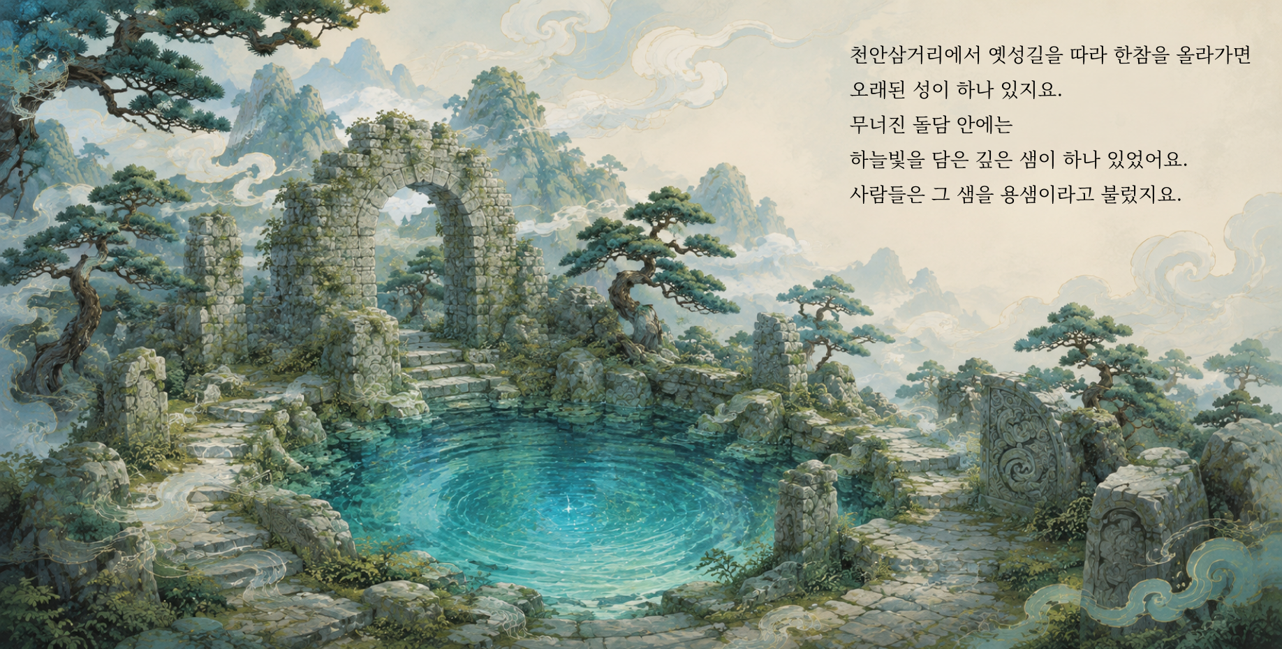천안삼거리에서 옛성길을 따라 한참을 올라가면 오래된 성이 하나 있지요. 무너진 돌담 안에는 하늘빛을 담은 깊은 샘이 하나 있었어요. 사람들은 그 샘을 ‘용샘’이라고 불렀지요.