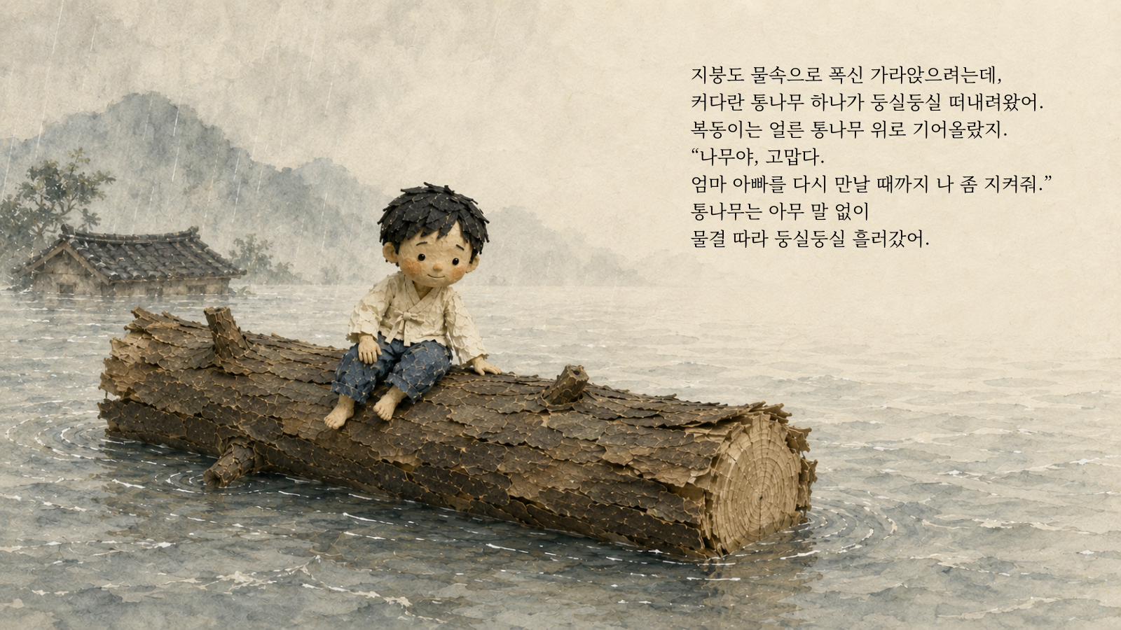 지붕도 물속으로 폭신 가라앉으려는데, 커다란 통나무 하나가 둥실둥실 떠내려왔어. 복동이는 얼른 통나무 위로 기어올랐지. "나무야, 고맙다. 엄마 아빠를 다시 만날 때까지 나 좀 지켜줘." 통나무는 아무 말 없이 물결 따라 둥실둥실 흘러갔어.