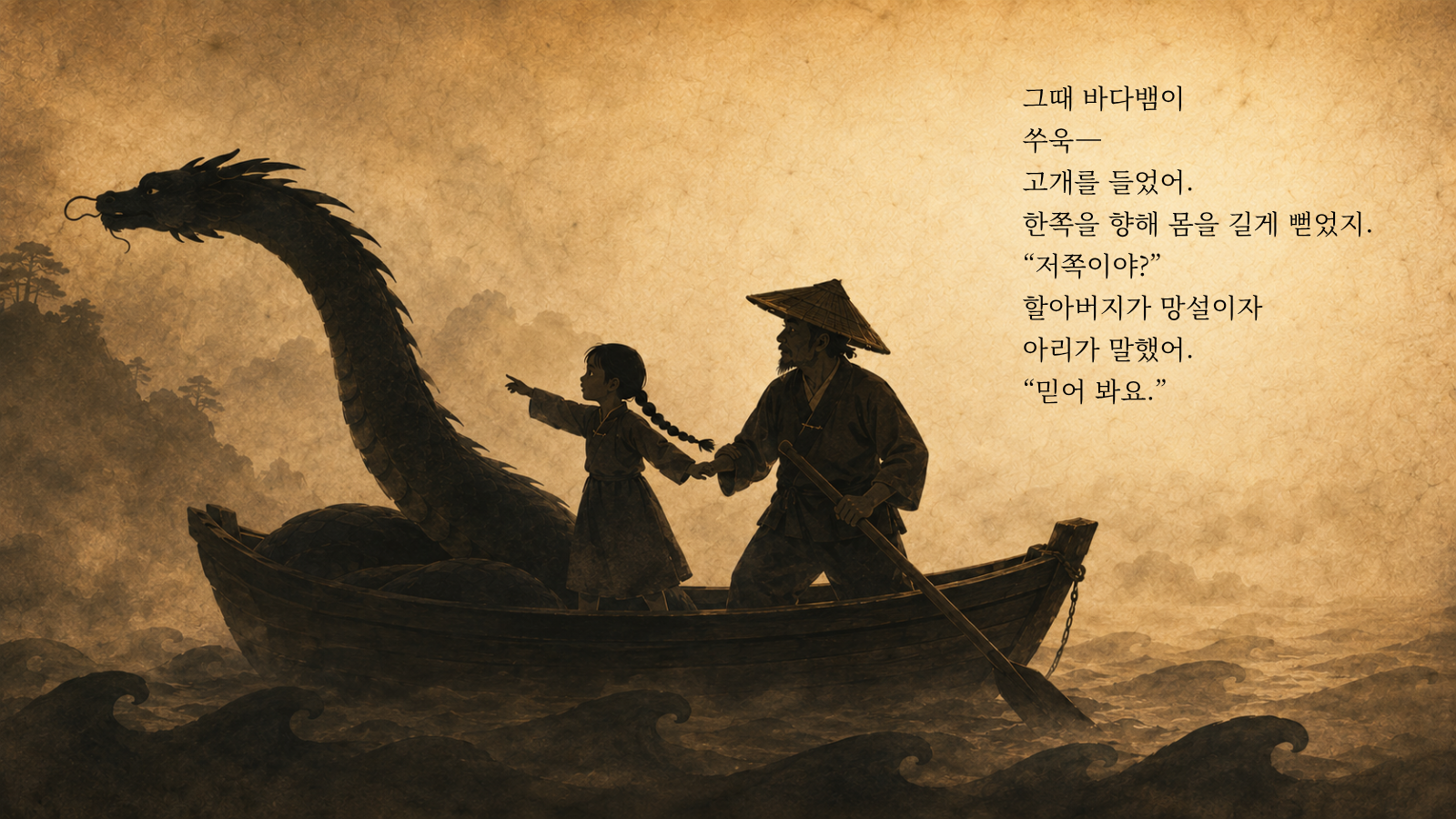 그때 바다뱀이 쑤욱— 고개를 들었어. 한쪽을 향해 몸을 길게 뻗었지. “저쪽이야?” 할아버지가 망설이자 아리가 말했어. “믿어 봐요.”