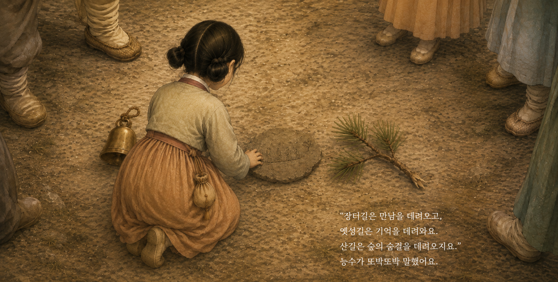 “장터길은 만남을 데려오고, 옛성길은 기억을 데려와요. 산길은 숲의 숨결을 데려오지요.” 능수가 또박또박 말했어요.
