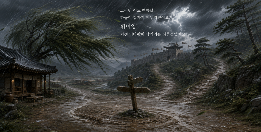 그러던 어느 여름날, 하늘이 갑자기 어두워졌어요. 휘이잉! 거센 비바람이 삼거리를 뒤흔들었지요.