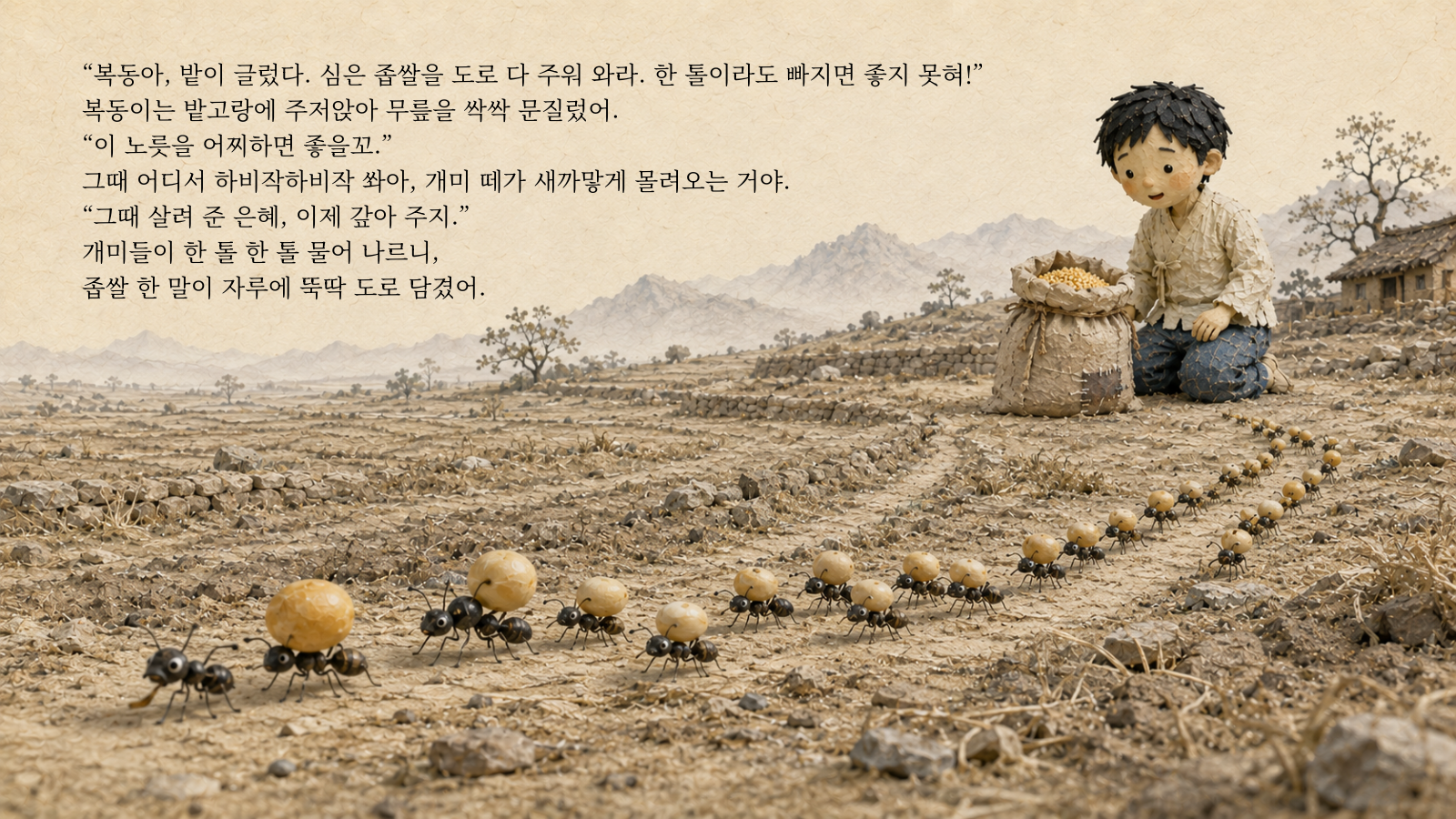 "복동아, 밭이 글렀다. 심은 좁쌀을 도로 다 주워 와라. 한 톨이라도 빠지면 좋지 못혀!" 복동이는 밭고랑에 주저앉아 무릎을 싹싹 문질렀어. "이 노릇을 어찌하면 좋을꼬." 그때 어디서 하비작하비작 쏴아, 개미 떼가 새까맣게 몰려오는 거야. "그때 살려 준 은혜, 이제 갚아 주지." 개미들이 한 톨 한 톨 물어 나르니, 좁쌀 한 말이 자루에 뚝딱 도로 담겼어.