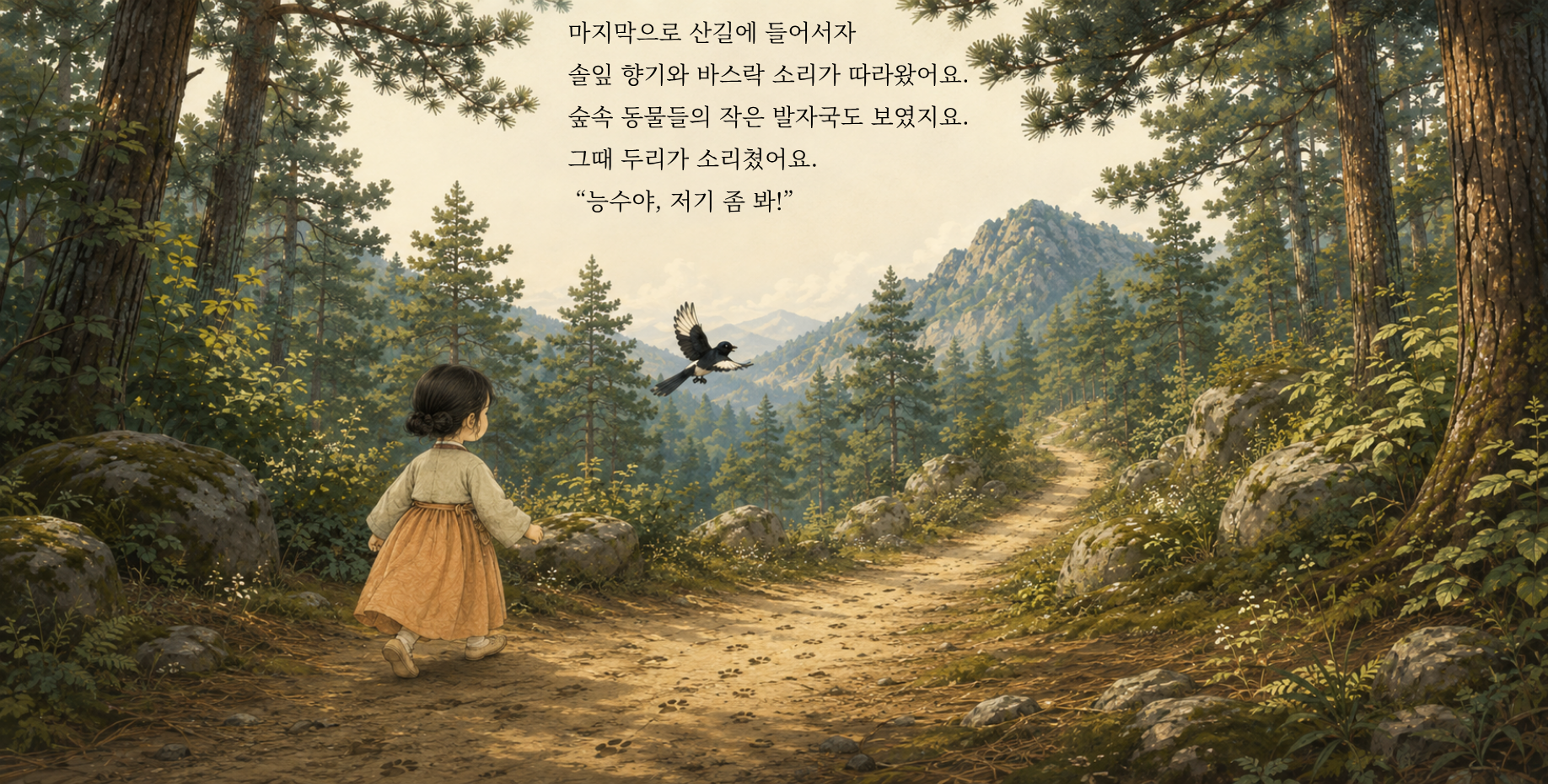 마지막으로 산길에 들어서자 솔잎 향기와 바스락 소리가 따라왔어요. 숲속 동물들의 작은 발자국도 보였지요. 그때 두리가 소리쳤어요. “능수야, 저기 좀 봐!”