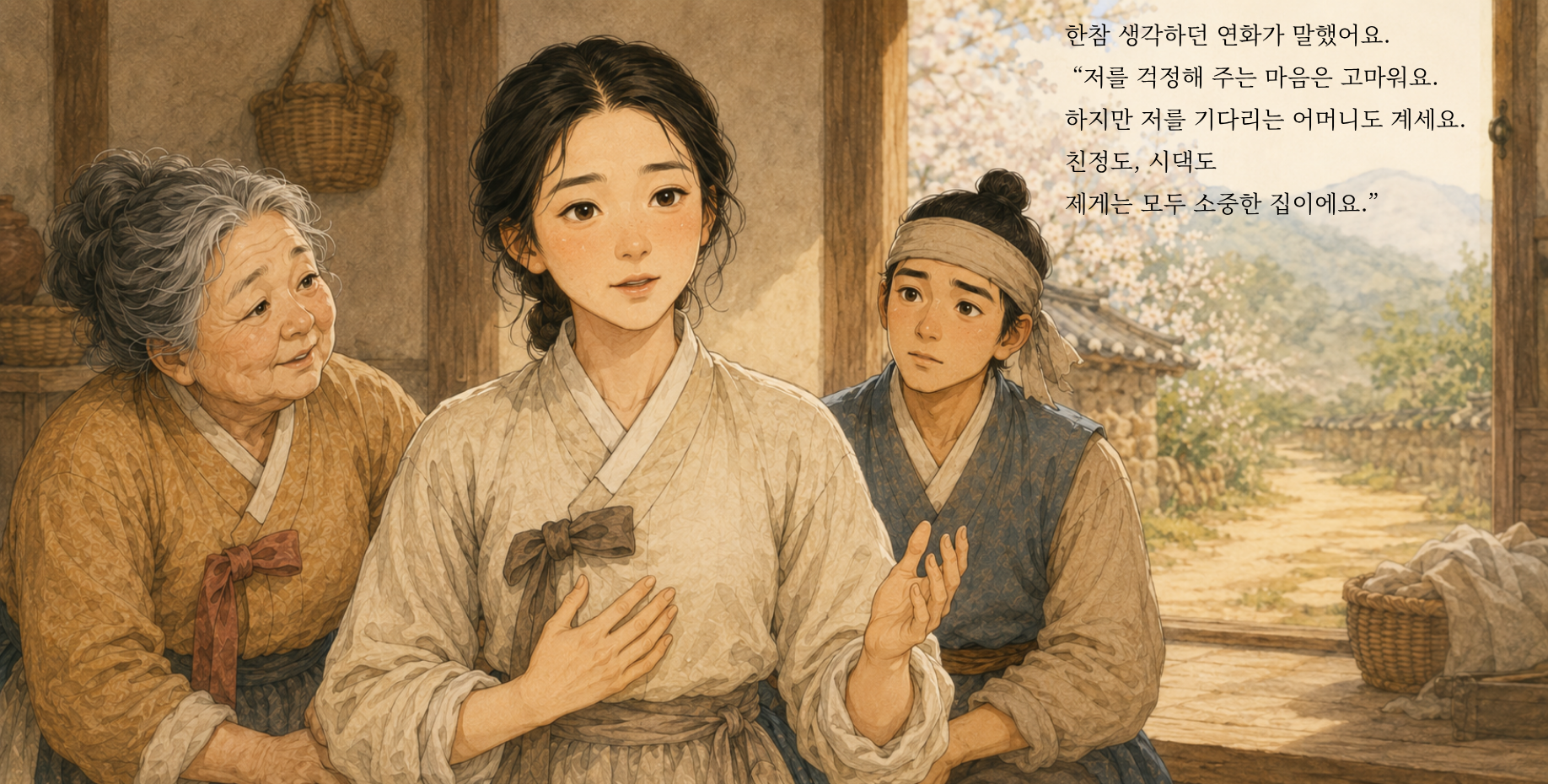 한참 생각하던 연화가 말했어요. “저를 걱정해 주는 마음은 고마워요. 하지만 저를 기다리는 어머니도 계세요. 친정도, 시댁도 제게는 모두 소중한 집이에요.”