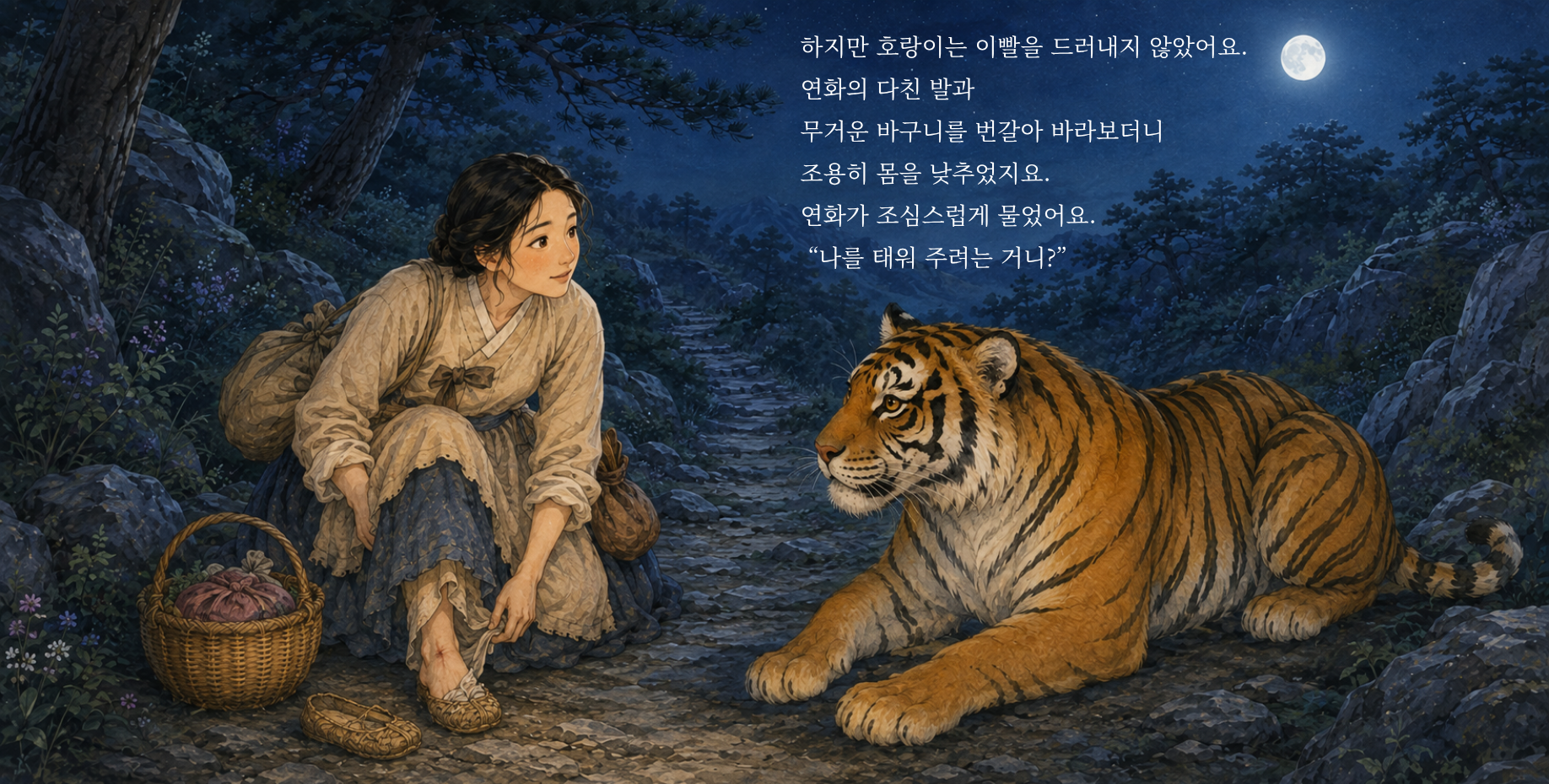 하지만 호랑이는 이빨을 드러내지 않았어요. 연화의 다친 발과 무거운 바구니를 번갈아 바라보더니 조용히 몸을 낮추었지요. 연화가 조심스럽게 물었어요. “나를 태워 주려는 거니?”