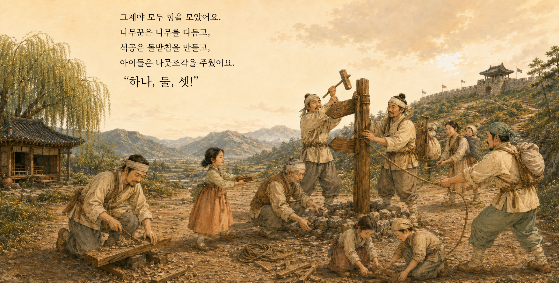 그제야 모두 힘을 모았어요. 나무꾼은 나무를 다듬고, 석공은 돌받침을 만들고, 아이들은 나뭇조각을 주웠어요. “하나, 둘, 셋!”