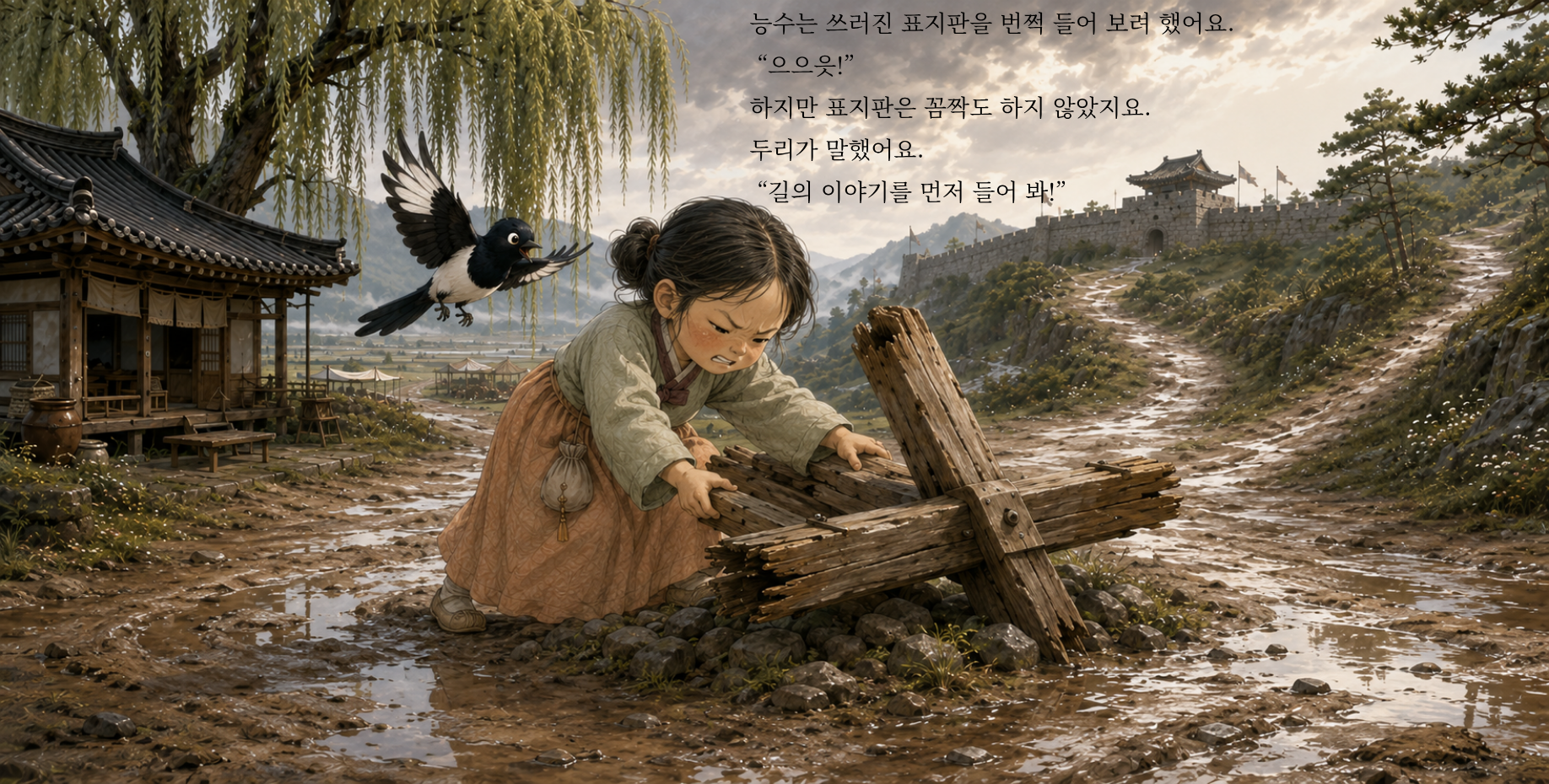 능수는 쓰러진 안내판을 번쩍 들어 보려 했어요. “으으읏!” 하지만 안내판은 꼼짝도 하지 않았지요. 두리가 말했어요. “길의 이야기를 먼저 들어 봐!”