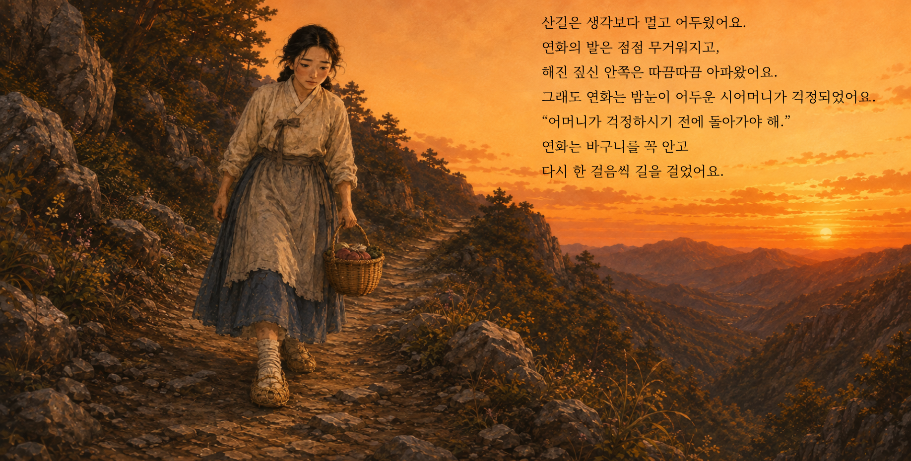 산길은 생각보다 멀고 어두웠어요. 연화의 발은 점점 무거워지고, 해진 짚신 안쪽은 따끔따끔 아파왔어요. 그래도 연화는 앞을 보지 못하는 시어머니가 걱정되었어요. “어머니가 걱정하시기 전에 돌아가야 해.” 연화는 바구니를 꼭 안고 다시 한 걸음씩 길을 걸었어요.