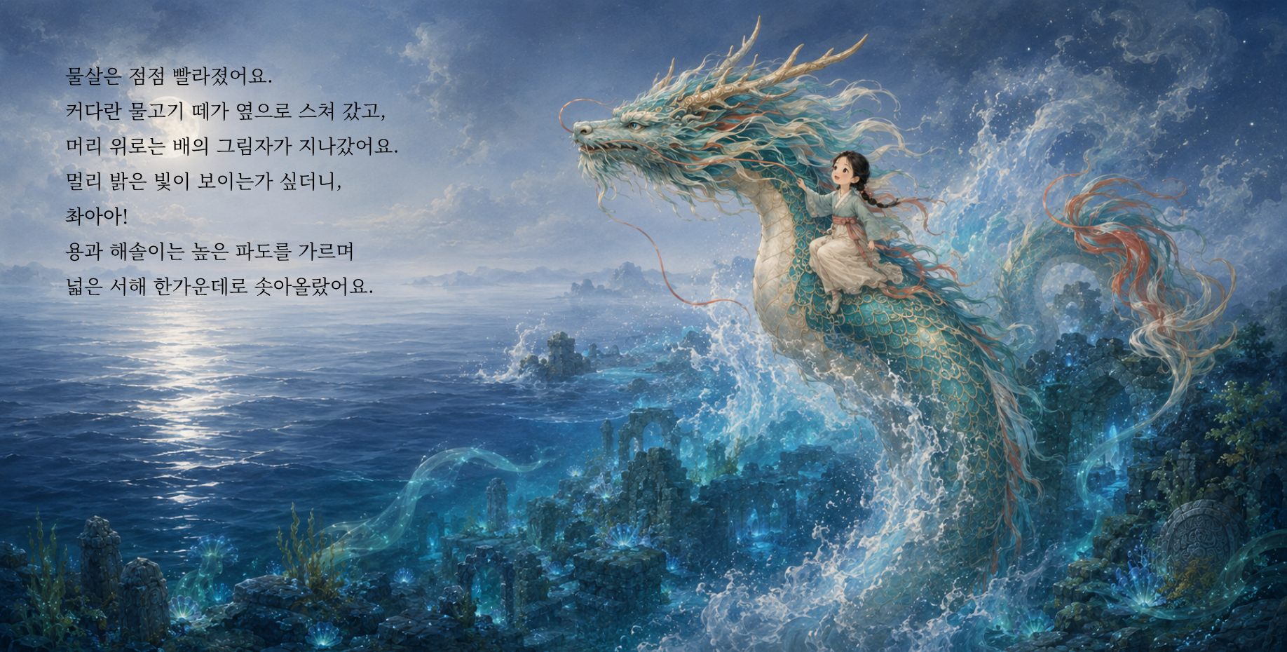 물살은 점점 빨라졌어요. 커다란 물고기 떼가 옆으로 스쳐 갔고, 머리 위로는 배의 그림자가 지나갔어요. 멀리 밝은 빛이 보이는가 싶더니, 촤아아! 용과 해솔이는 높은 파도를 가르며 넓은 서해 한가운데로 솟아올랐어요.