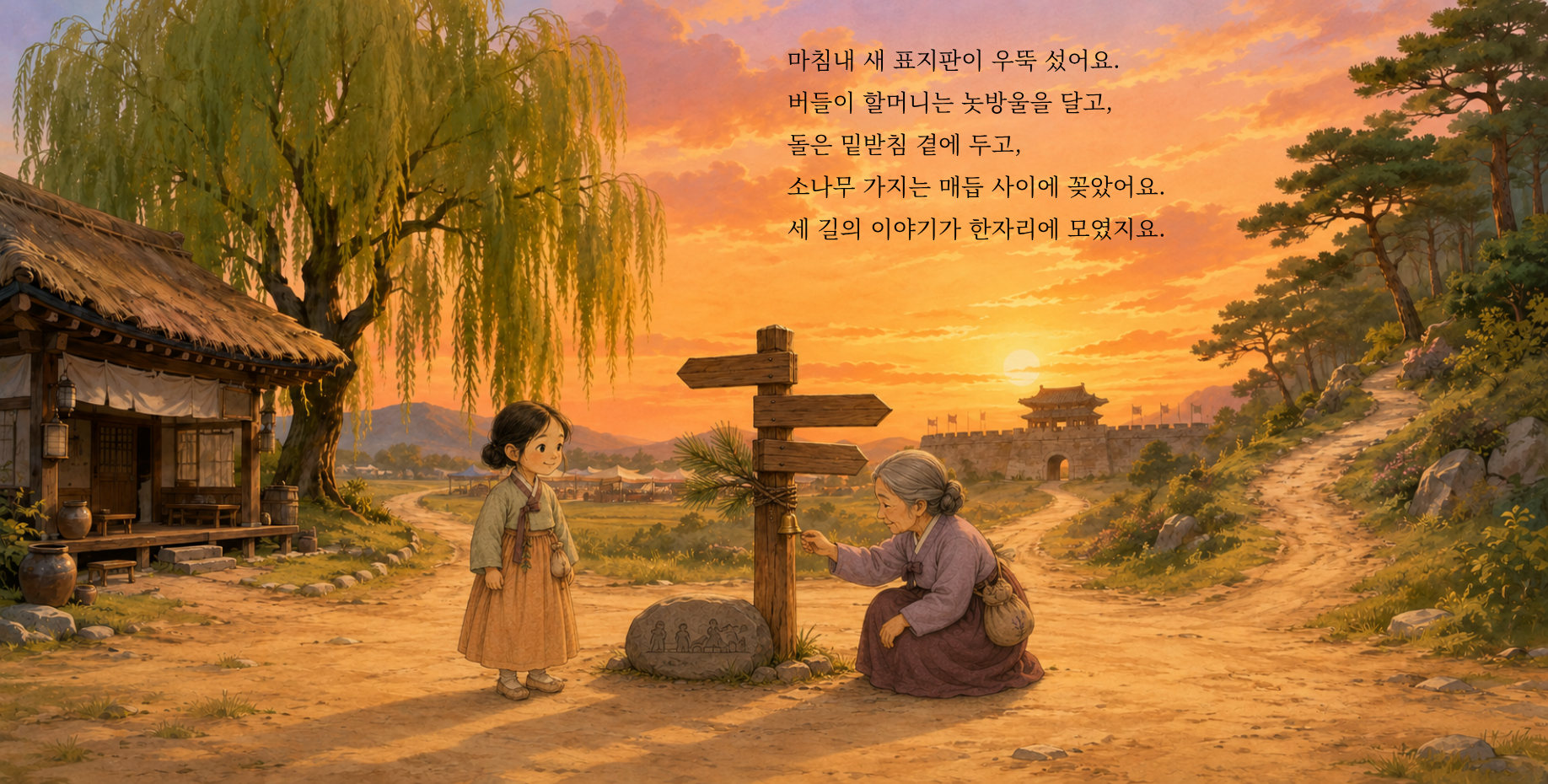 마침내 새 표지판이 우뚝 섰어요. 버들이 할머니는 놋방울을 달고, 돌은 밑받침 곁에 두고, 소나무 가지는 매듭 사이에 꽂았어요. 세 길의 이야기가 한자리에 모였지요.