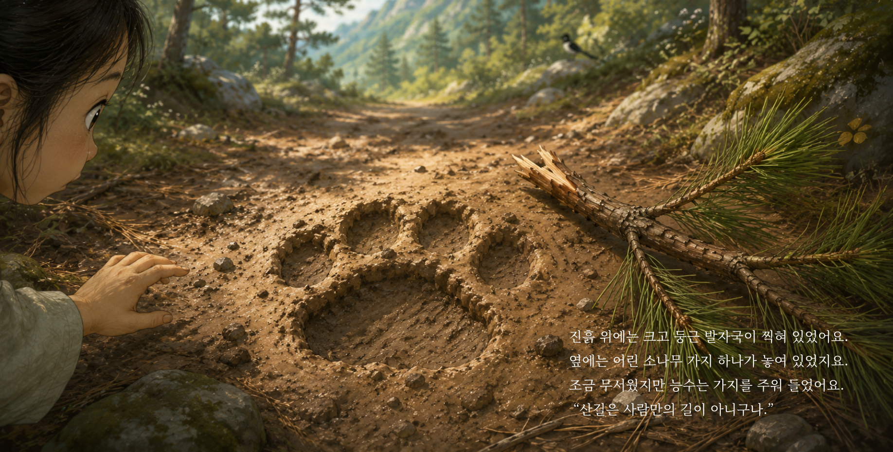진흙 위에는 크고 둥근 발자국이 찍혀 있었어요. 옆에는 어린 소나무 가지 하나가 놓여 있었지요. 조금 무서웠지만 능수는 가지를 주워 들었어요. “산길은 사람만의 길이 아니구나.”
