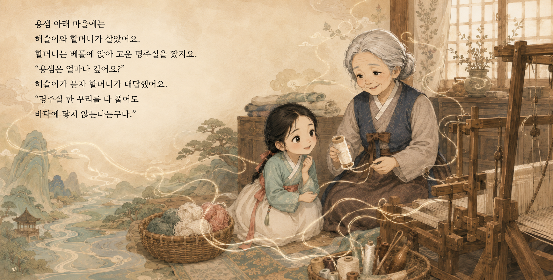 용샘 아래 마을에는 해솔이와 할머니가 살았어요. 할머니는 베틀에 앉아 고운 명주실을 짰지요. “용샘은 얼마나 깊어요?” 해솔이가 묻자 할머니가 대답했어요. “명주실 한 꾸리를 다 풀어도 바닥에 닿지 않는다는구나.”