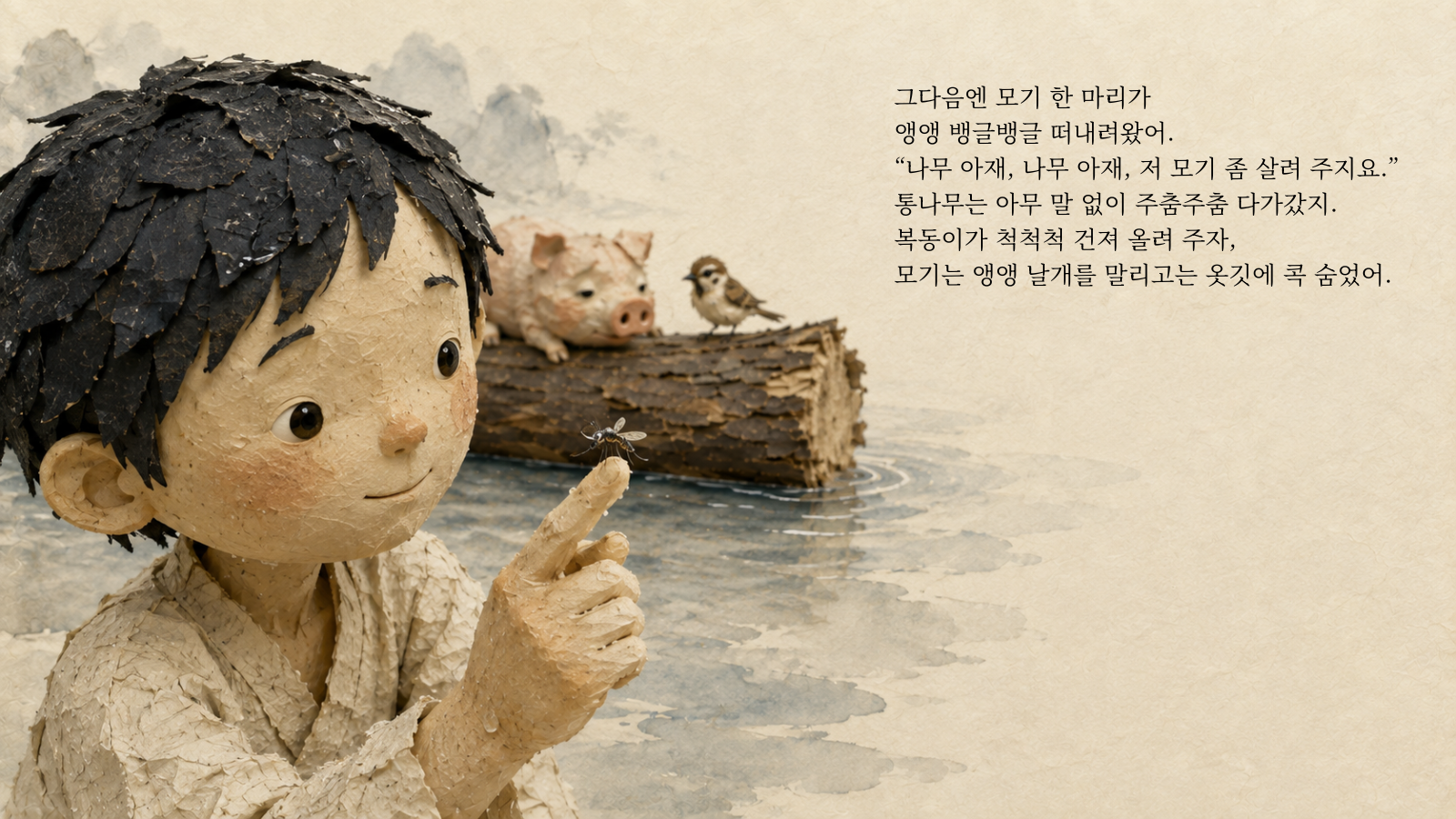 그다음엔 모기 한 마리가 앵앵 뱅글뱅글 떠내려왔어. "나무 아재, 나무 아재, 저 모기 좀 살려 주지요." 통나무는 아무 말 없이 주춤주춤 다가갔지. 복동이가 척척척 건져 올려 주자, 모기는 앵앵 날개를 말리고는 옷깃에 콕 숨었어.