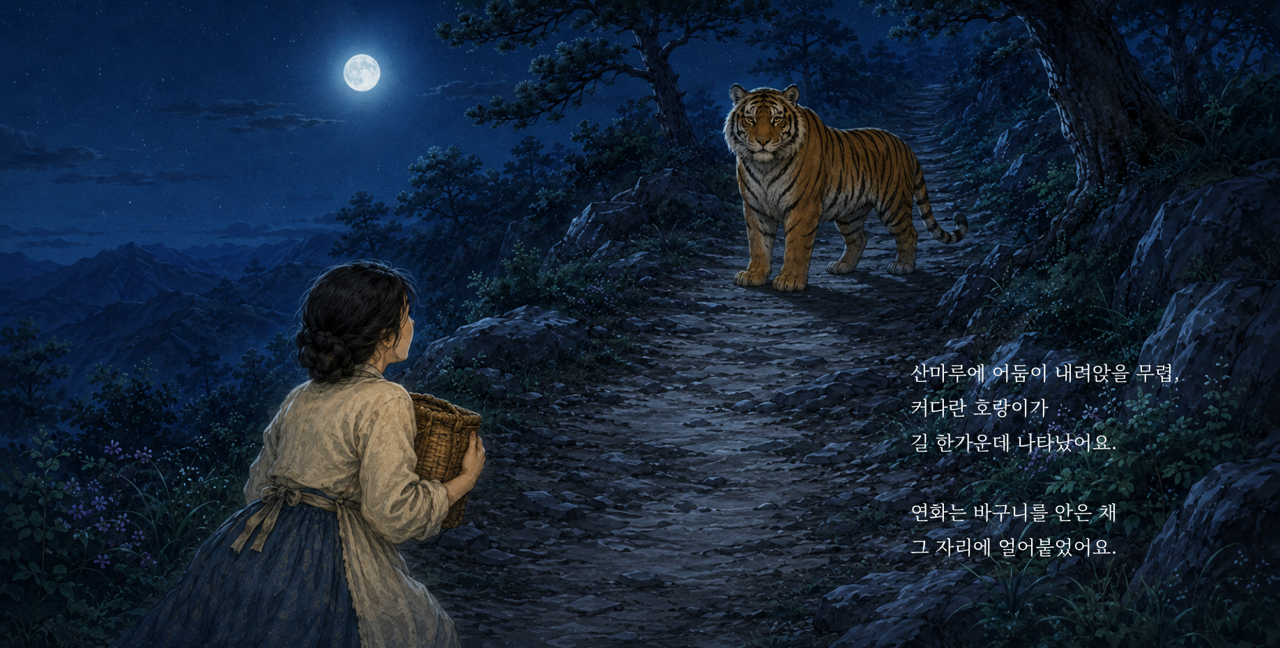 산마루에 어둠이 내려앉을 무렵, 커다란 호랑이가 길 한가운데 나타났어요. 연화는 바구니를 안은 채 그 자리에 얼어붙었어요.