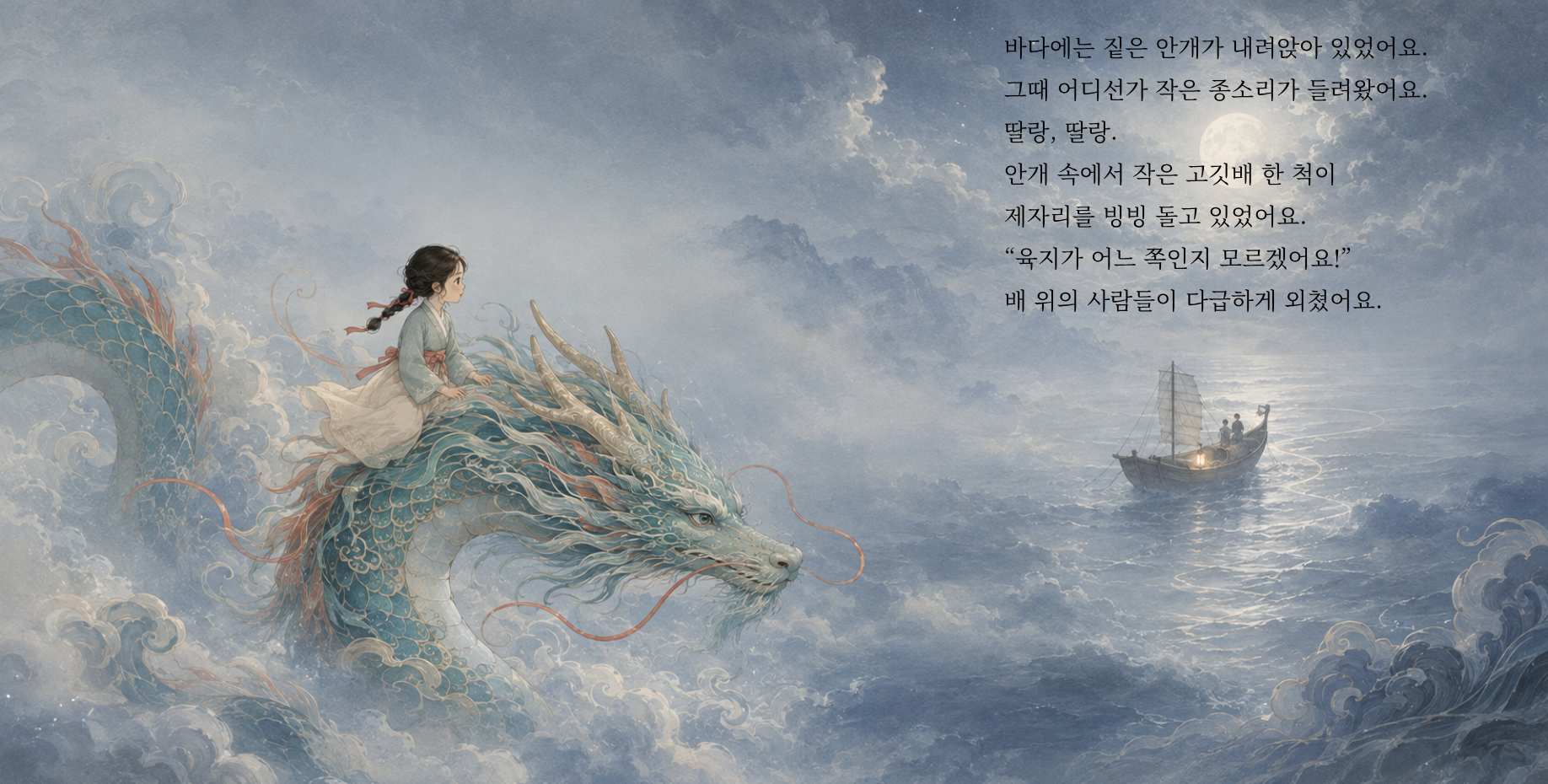 바다에는 짙은 안개가 내려앉아 있었어요. 그때 어디선가 작은 종소리가 들려왔어요. 딸랑, 딸랑. 안개 속에서 작은 고깃배 한 척이 제자리를 빙빙 돌고 있었어요. “육지가 어느 쪽인지 모르겠어요!” 배 위의 사람들이 다급하게 외쳤어요.