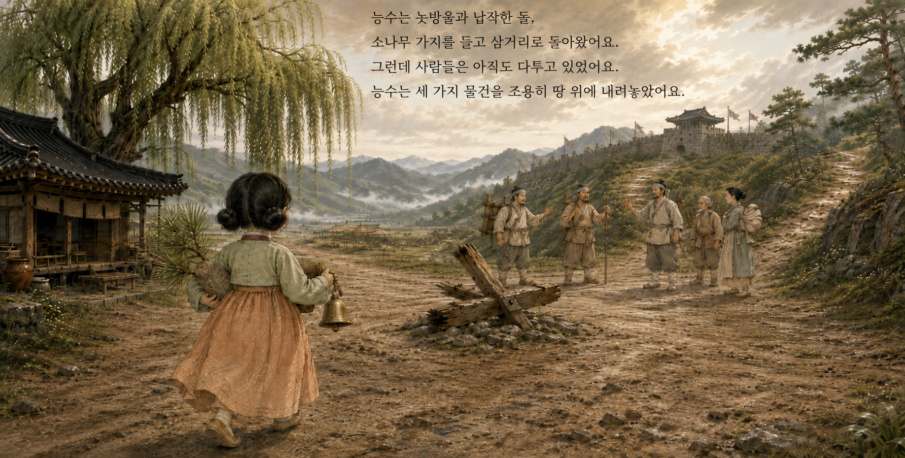 능수는 놋방울과 납작한 돌, 소나무 가지를 들고 삼거리로 돌아왔어요. 그런데 사람들은 아직도 다투고 있었어요. 능수는 세 가지 물건을 조용히 땅 위에 내려놓았어요.