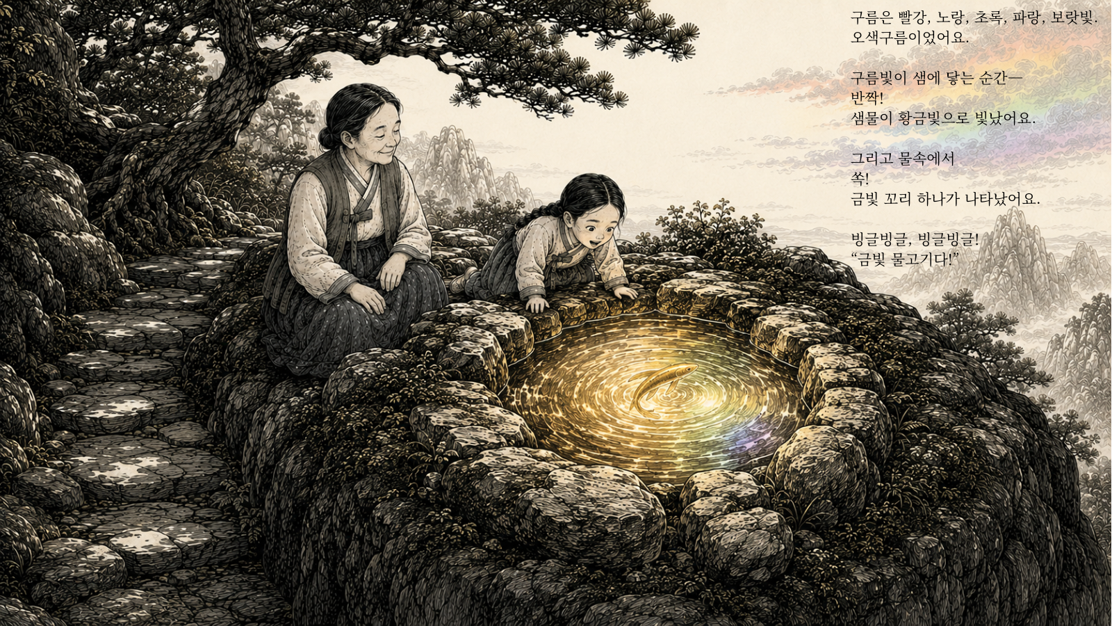 구름은 빨강, 노랑, 초록, 파랑, 보랏빛. 오색구름이었어요. 구름빛이 샘에 닿는 순간— 반짝! 샘물이 황금빛으로 빛났어요. 그리고 물속에서 쏙! 금빛 꼬리 하나가 나타났어요. 빙글빙글, 빙글빙글! “금빛 물고기다!”