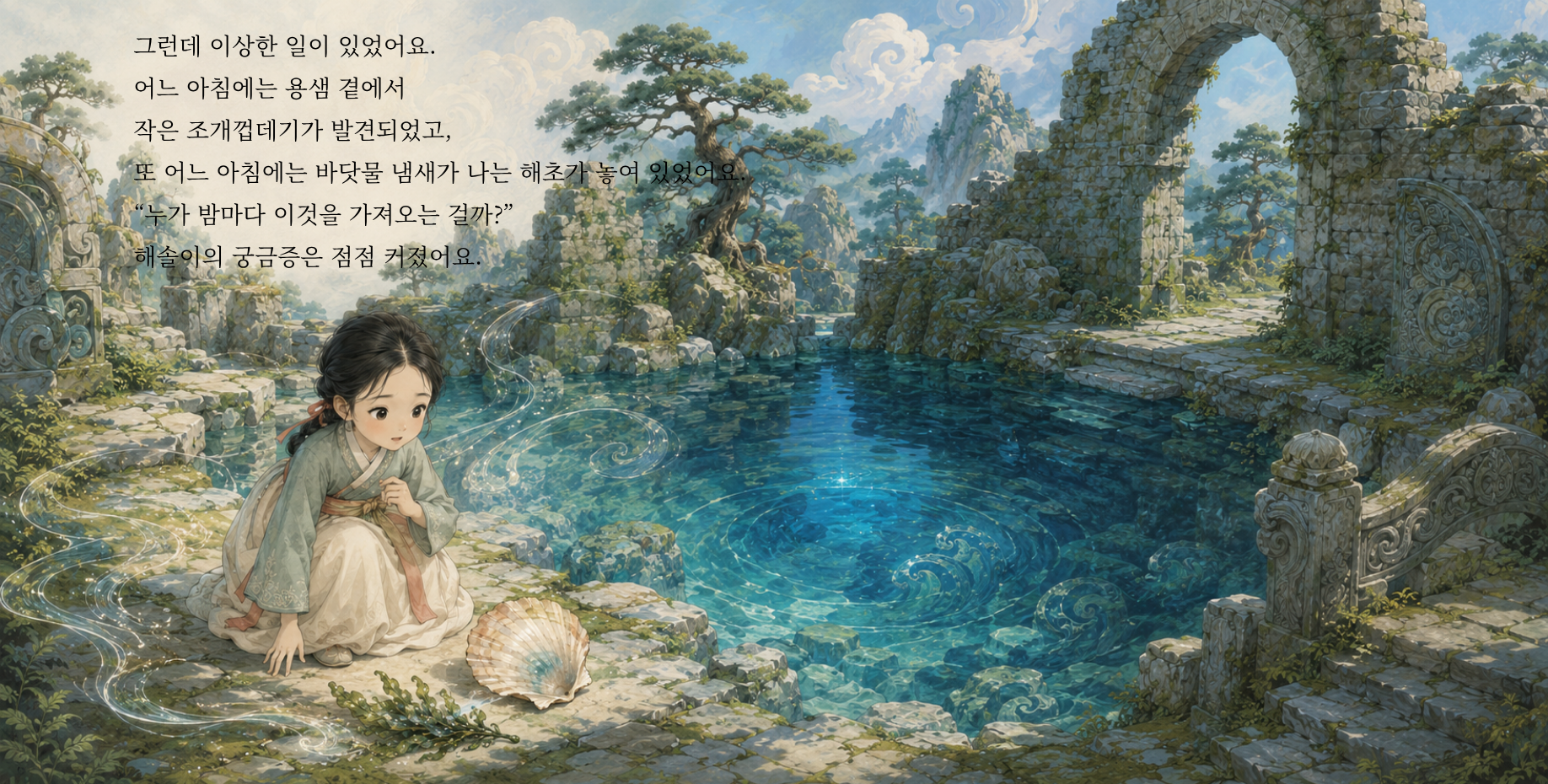 그런데 이상한 일이 있었어요. 어느 아침에는 용샘 곁에서 작은 조개껍데기가 발견되었고, 또 어느 아침에는 바닷물 냄새가 나는 해초가 놓여 있었어요. “누가 밤마다 이것을 가져오는 걸까?” 해솔이의 궁금증은 점점 커졌어요.