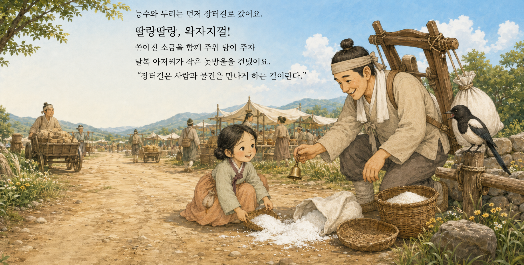 능수와 두리는 먼저 장터길로 갔어요. 딸랑딸랑, 왁자지껄! 쏟아진 소금을 함께 주워 담아 주자 달복 아저씨가 작은 놋방울을 건넸어요. “장터길은 사람과 물건을 만나게 하는 길이란다.”