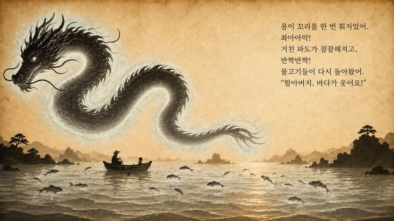 용이 꼬리를 한 번 휘저었어. 촤아아악! 거친 파도가 잠잠해지고, 반짝반짝! 물고기들이 다시 돌아왔어. “할아버지, 바다가 웃어요!”