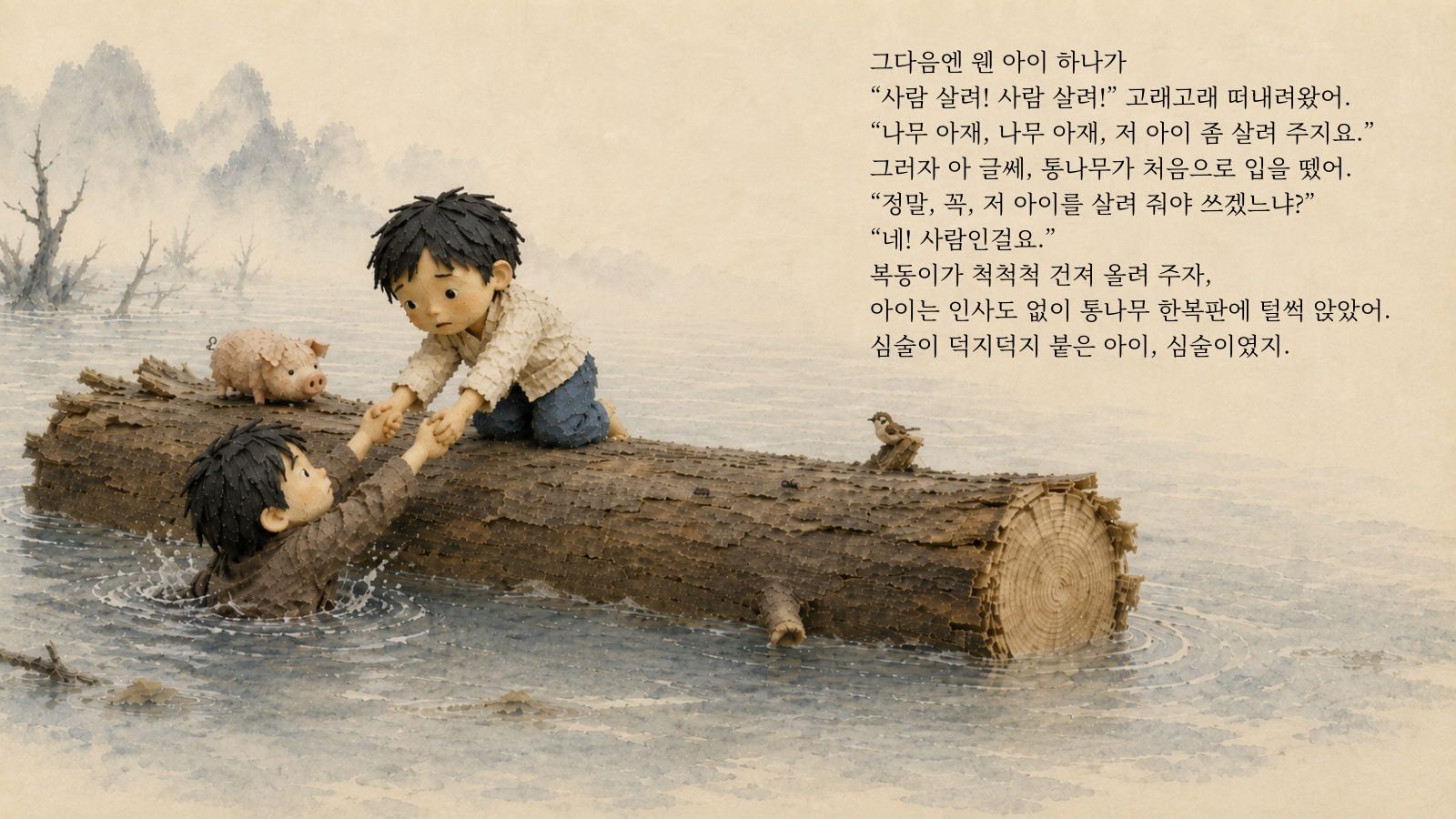 그다음엔 웬 아이 하나가 "사람 살려! 사람 살려!" 고래고래 떠내려왔어. "나무 아재, 나무 아재, 저 아이 좀 살려 주지요." 그러자 아 글쎄, 통나무가 처음으로 입을 뗐어. "정말, 꼭, 저 아이를 살려 줘야 쓰겠느냐?" "네! 사람인걸요." 복동이가 척척척 건져 올려 주자, 아이는 인사도 없이 통나무 한복판에 털썩 앉았어. 심술이 덕지덕지 붙은 아이, 심술이였지.