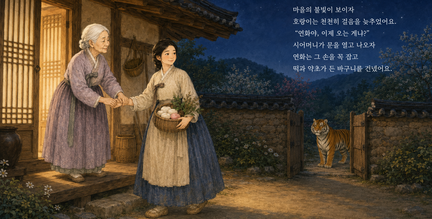 마을의 불빛이 보이자 호랑이는 천천히 걸음을 늦추었어요. “연화야, 이제 오는 게냐?” 시어머니가 문을 열고 나오자 연화는 그 손을 꼭 잡고 떡과 약초가 든 바구니를 건넸어요.